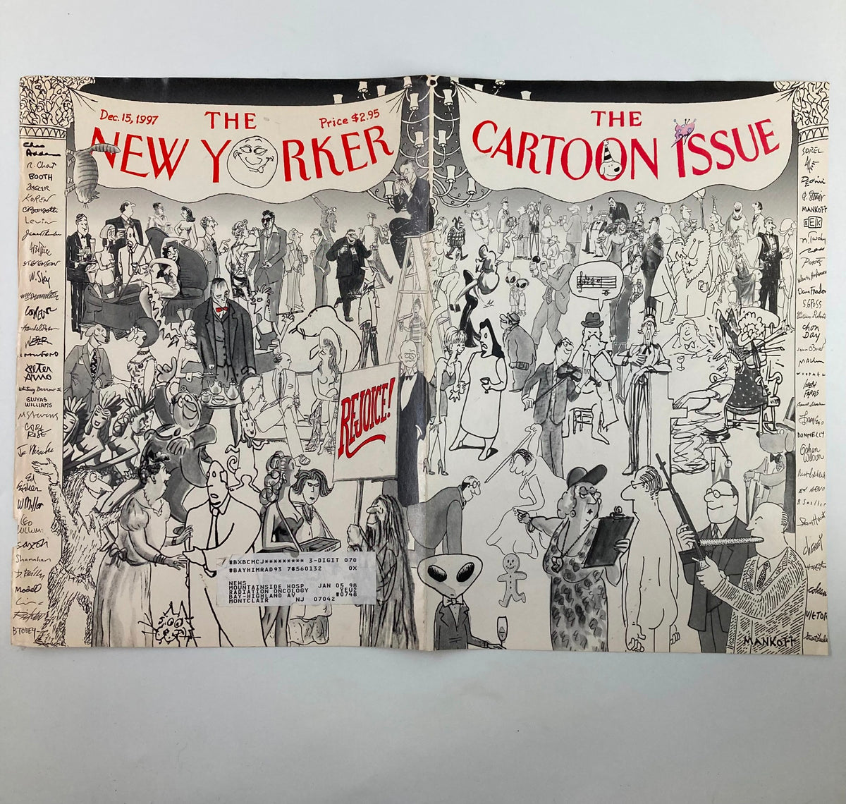 Inside view of The New Yorker December 15, 1997 edition marked 'The Gang's All Here', displaying a colorful layout of humorous illustrations that celebrate the art of cartoons.