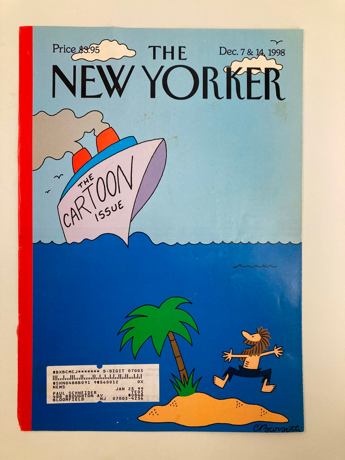 Cover of The New Yorker December 7, 1998, titled 'Ship of Quips' by Charles Barsotti, featuring a cartoon-style ship and a beach scene.
