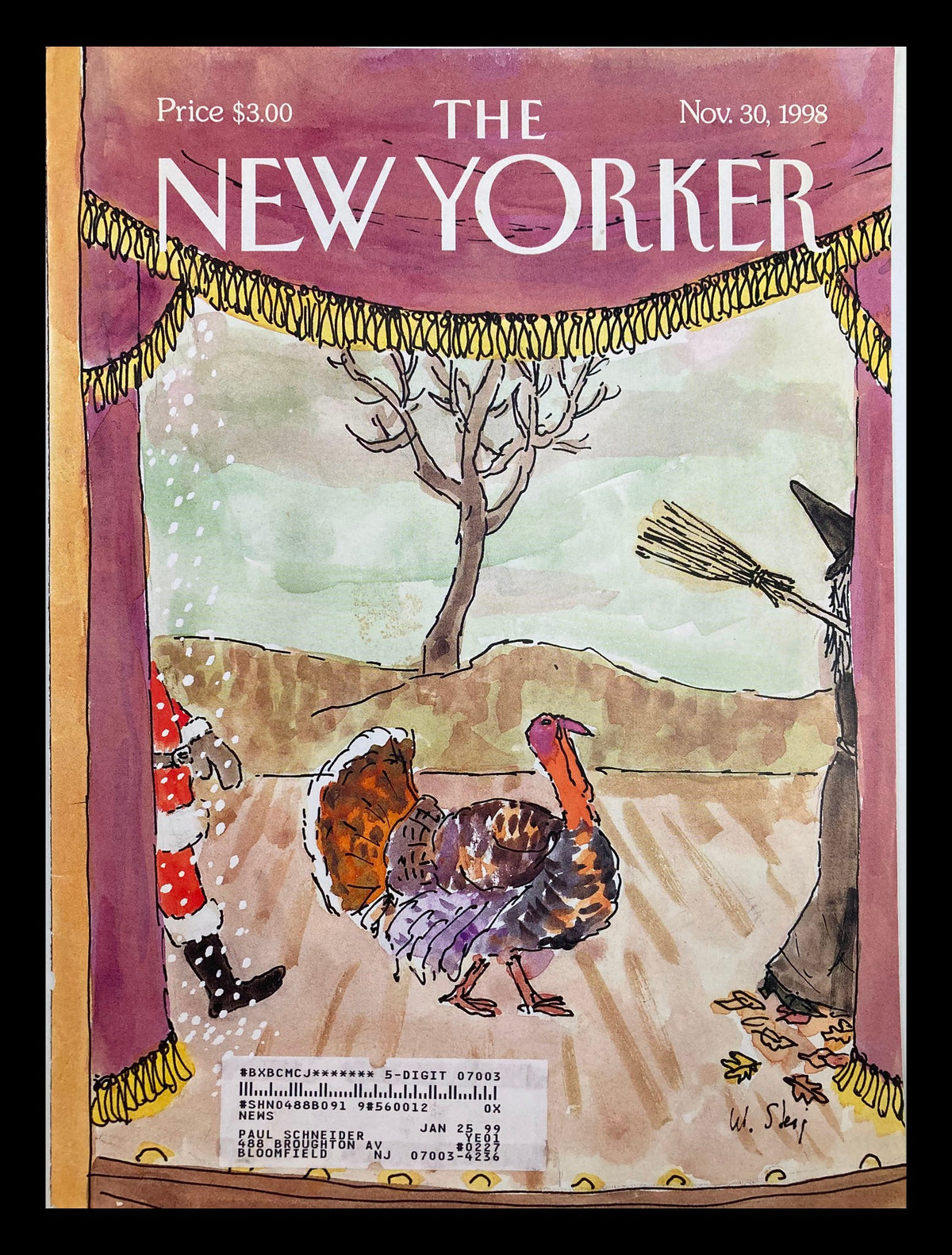 Cover of The New Yorker from November 30, 1998, featuring a whimsical Christmas turkey illustration by William Steig, showcasing holiday cheer and humor.