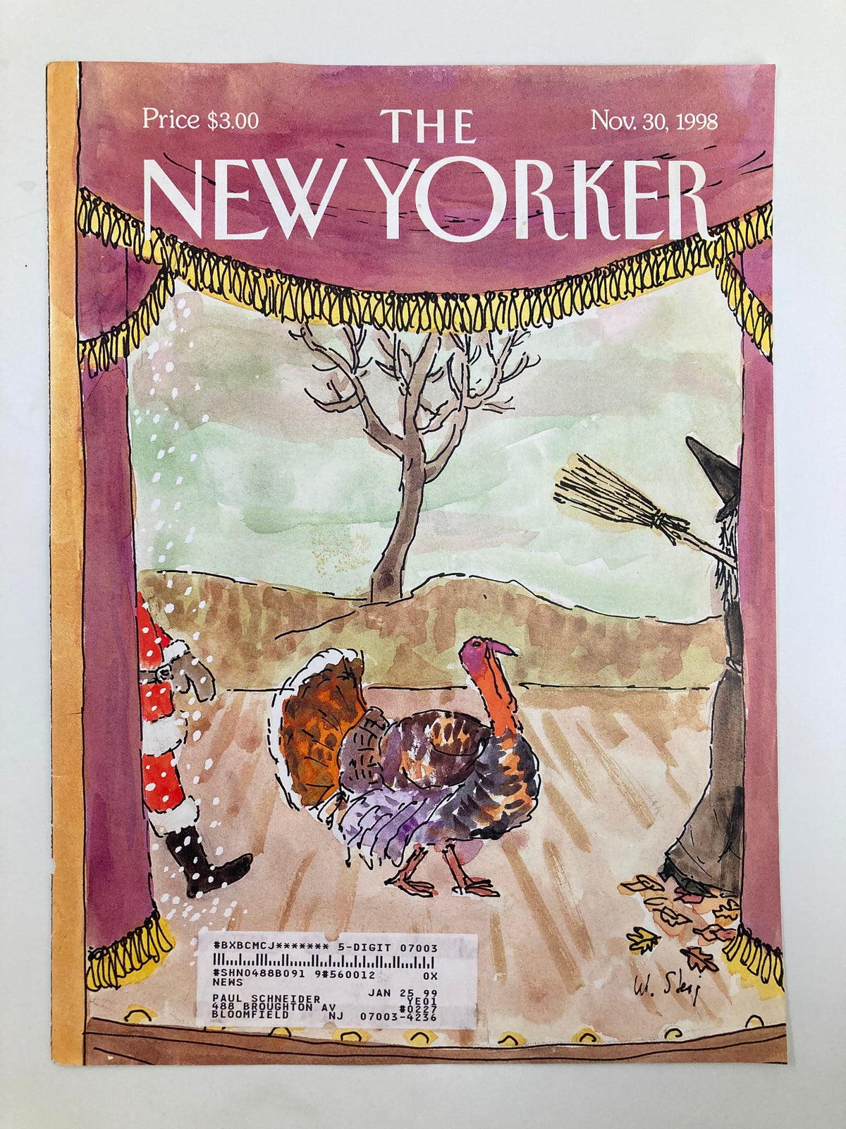 Cover of The New Yorker November 30, 1998, with a whimsical turkey illustration by William Steig, highlighting festive elements with nostalgic appeal.
