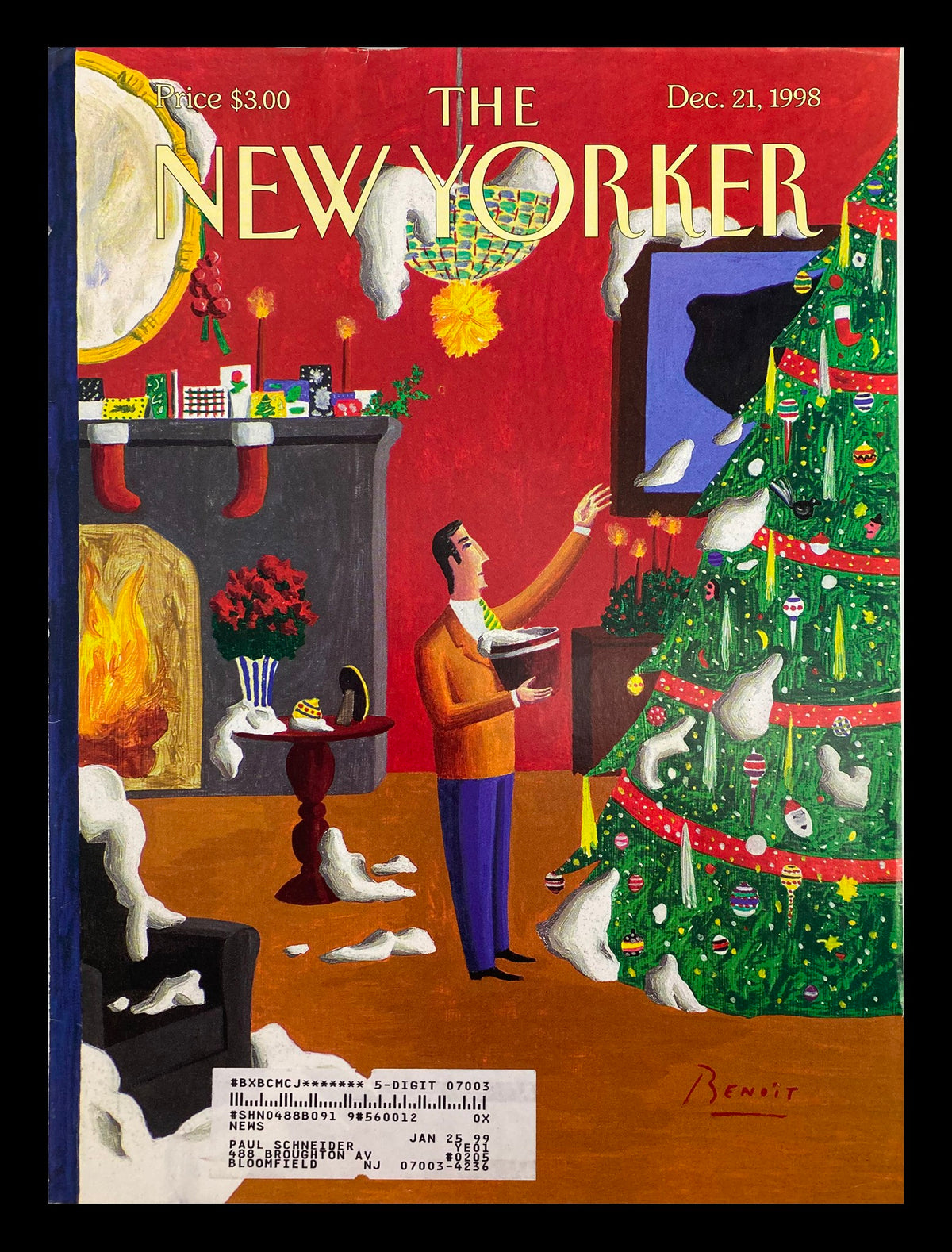 Cover Only The New Yorker December 21 1998 Christmas Decorations by Benoit featuring a festive living room scene with a Christmas tree adorned with ornaments and a man holding a plate near a fireplace.