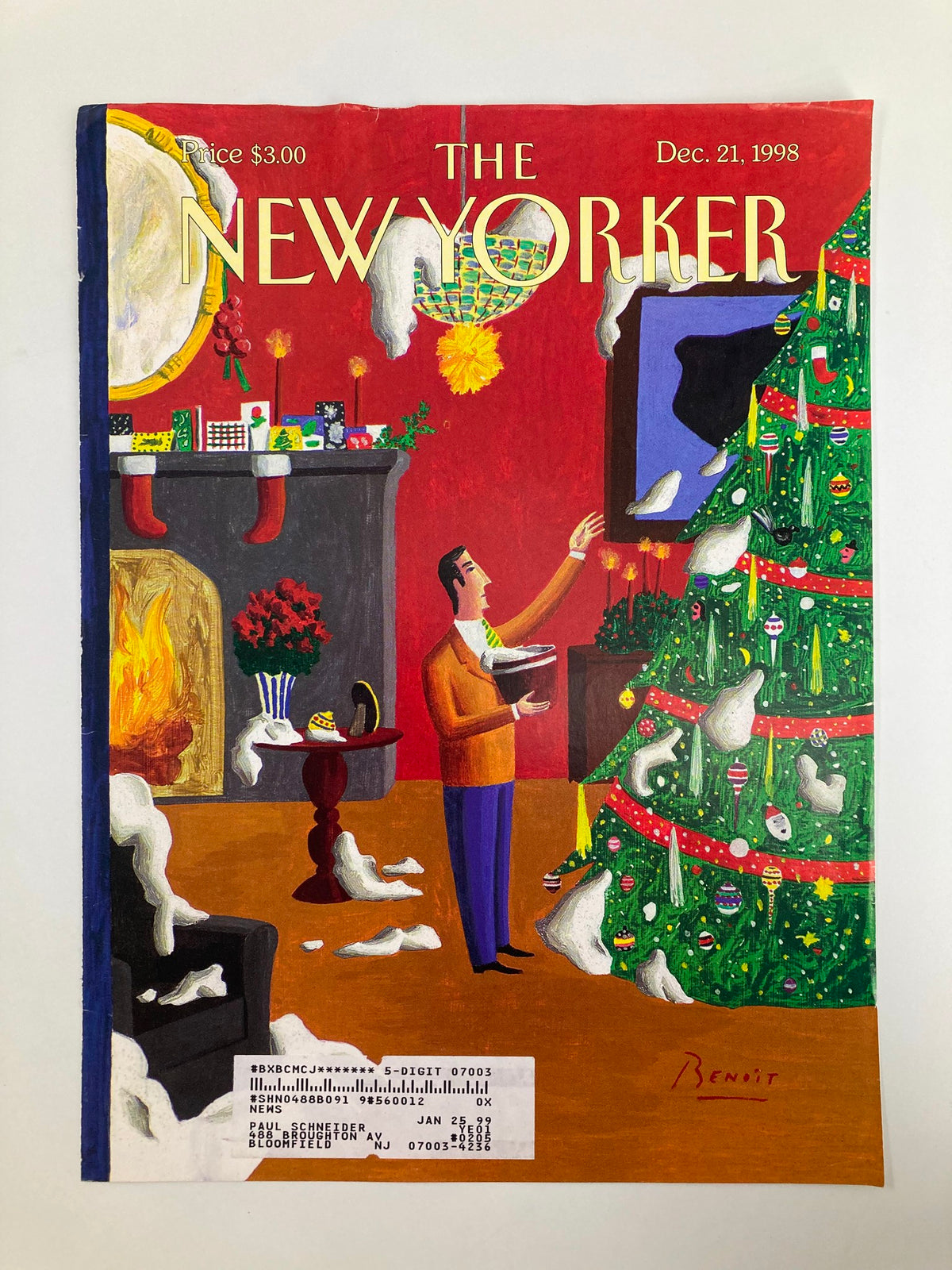 Cover Only The New Yorker December 21 1998 Christmas Decorations by Benoit showcasing a colorful illustration of Christmas decorations with a man enjoying the holiday ambiance.