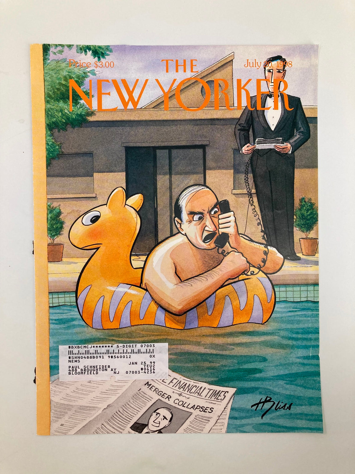 COVER ONLY The New Yorker July 20 1998 Trouble Afloat, showcasing a whimsical illustration of a man in a pool on a striped inflatable, angrily talking on the phone, with another man in formal wear and a newspaper visible in the scene.