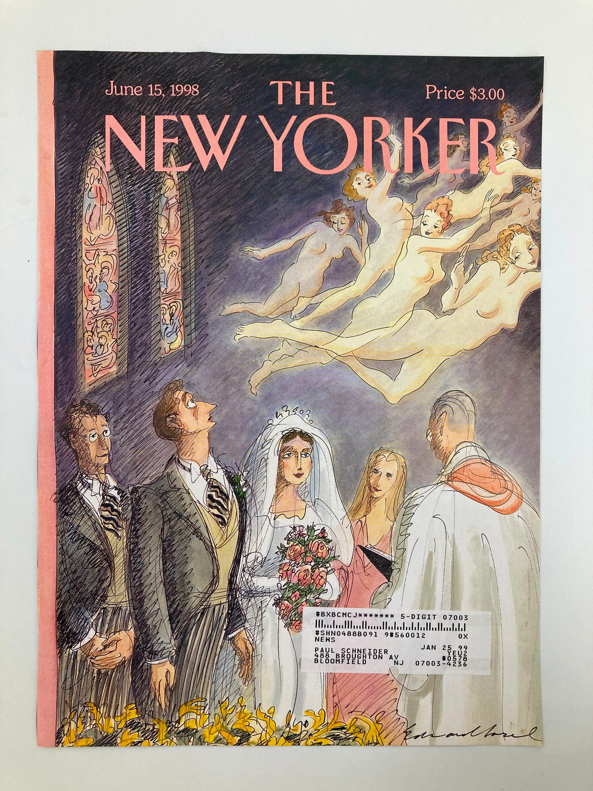 Cover of The New Yorker, June 15, 1998, illustrated by Edward Sorel, showcasing a vibrant wedding scene with a bride, groomsmen, and celestial figures, set against colorful church windows.