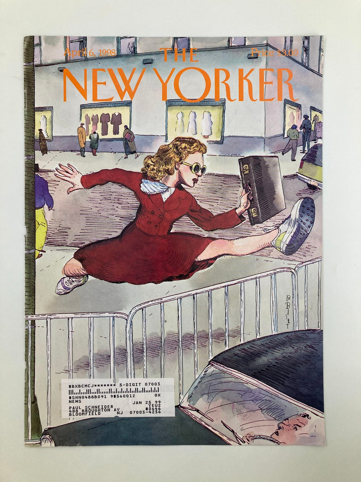 Cover of The New Yorker April 6 1998 titled 'Taking It in Stride' by Barry Blitt, featuring a woman in a red dress and sunglasses leaping towards a book while onlookers admire store displays.