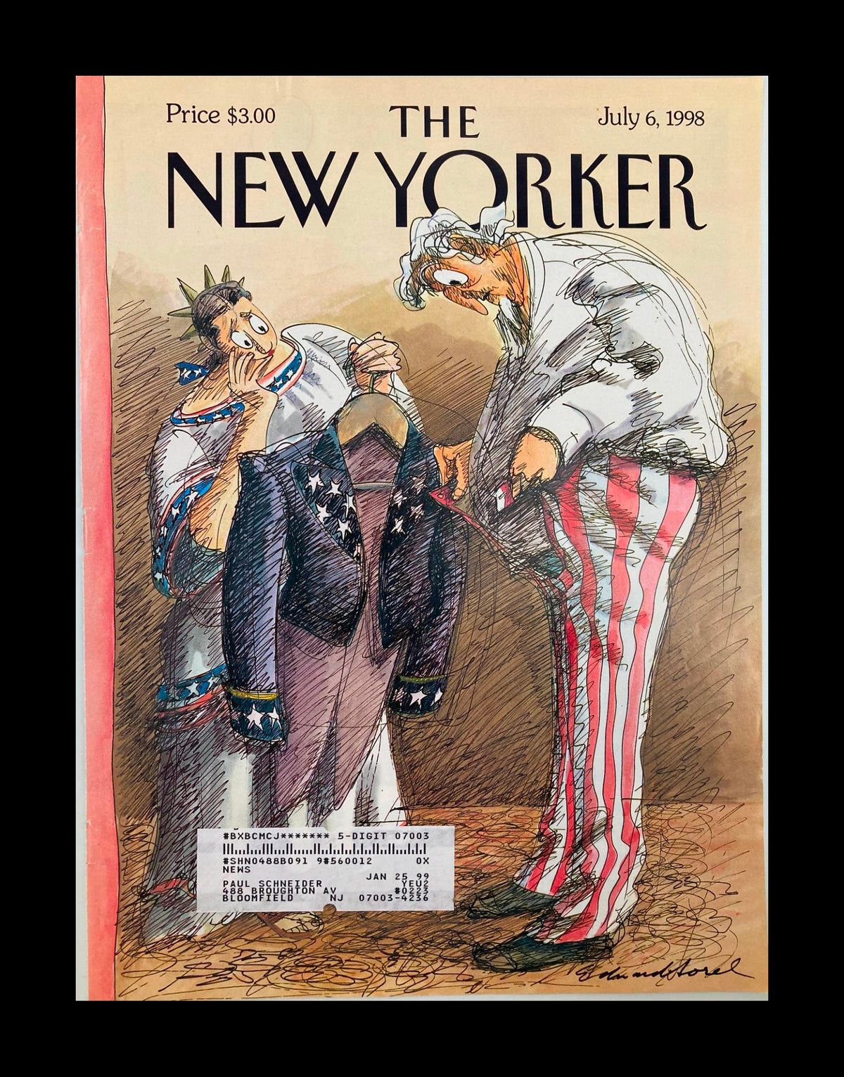 Cover art of The New Yorker magazine from July 6, 1998, titled 'Unexpected Surplus' by Edward Sorel, featuring satirical imagery of iconic American figures.
