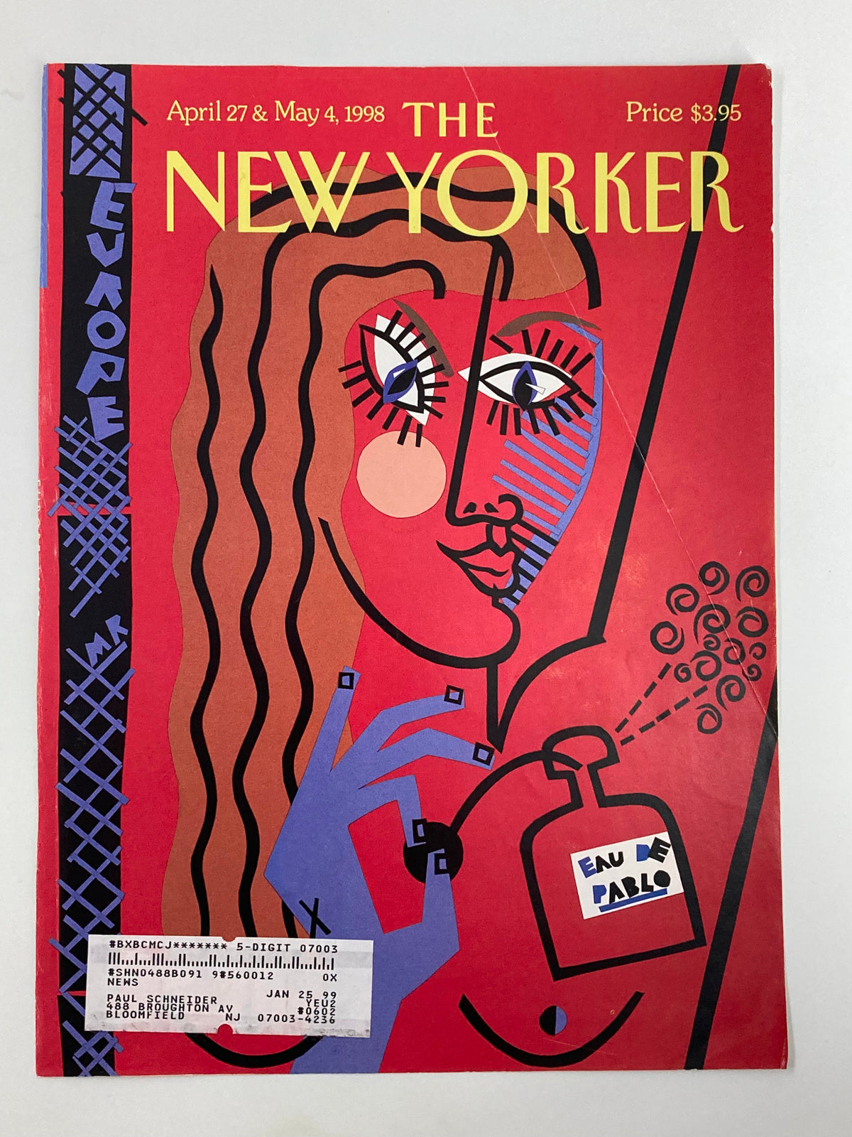 COVER ONLY The New Yorker April 27 1998 Eau de Pablo by Michael Roberts, highlighting the artistic design of the magazine with a red background and a stylized illustration of a woman and a perfume bottle.