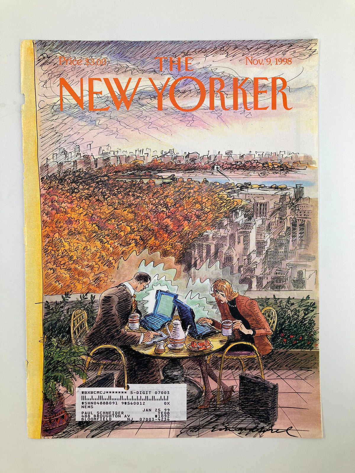 The New Yorker Cover November 9 1998 showcasing 'Early Birds' by Edward Sorel, illustrating two individuals at a table with laptops amidst a vibrant autumn landscape and urban view.