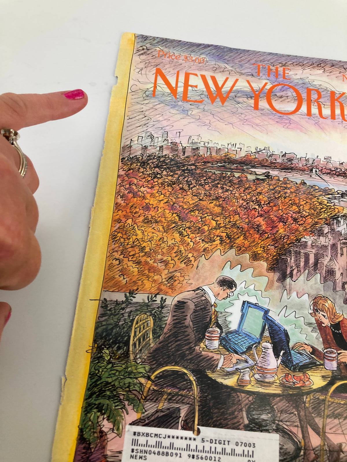Detailed view of the cover of The New Yorker from November 9, 1998, titled 'Early Birds' by Edward Sorel, showcasing a hand pointing to the vibrant autumn landscape and characters engaged with laptops.