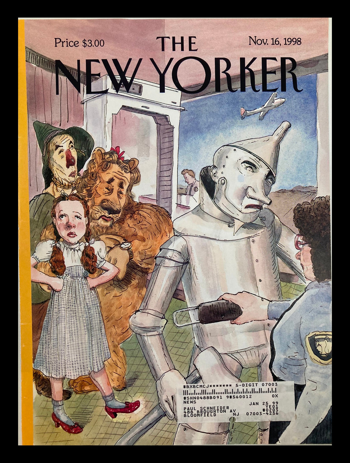COVER ONLY The New Yorker November 16 1998 titled 'Off to See The Wizard' by Barry Blitt, featuring iconic characters from 'The Wizard of Oz' including Dorothy, the Cowardly Lion, the Tin Man, and the Scarecrow, with added vintage magazine details.