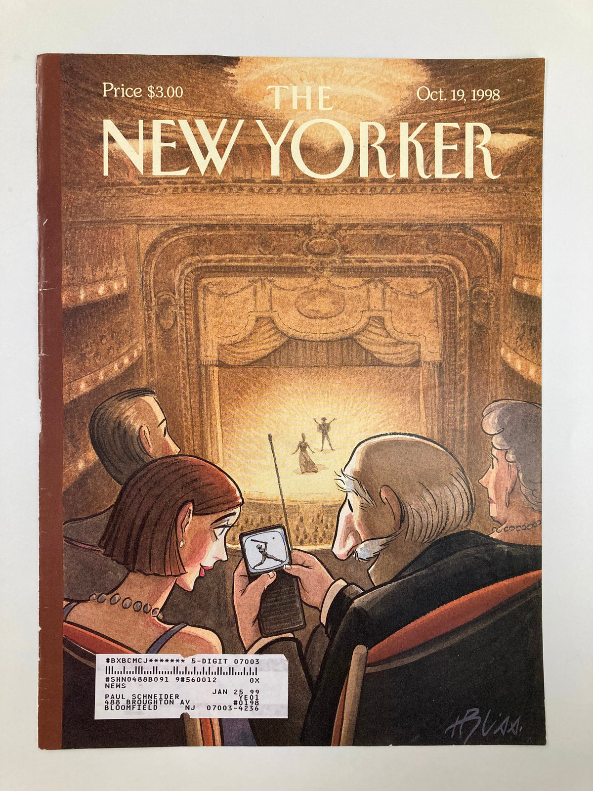 COVER ONLY The New Yorker October 19, 1998 by Harry Bliss, displaying an audience in a theater, showcasing Bliss's signature artistic style with a comedic twist.