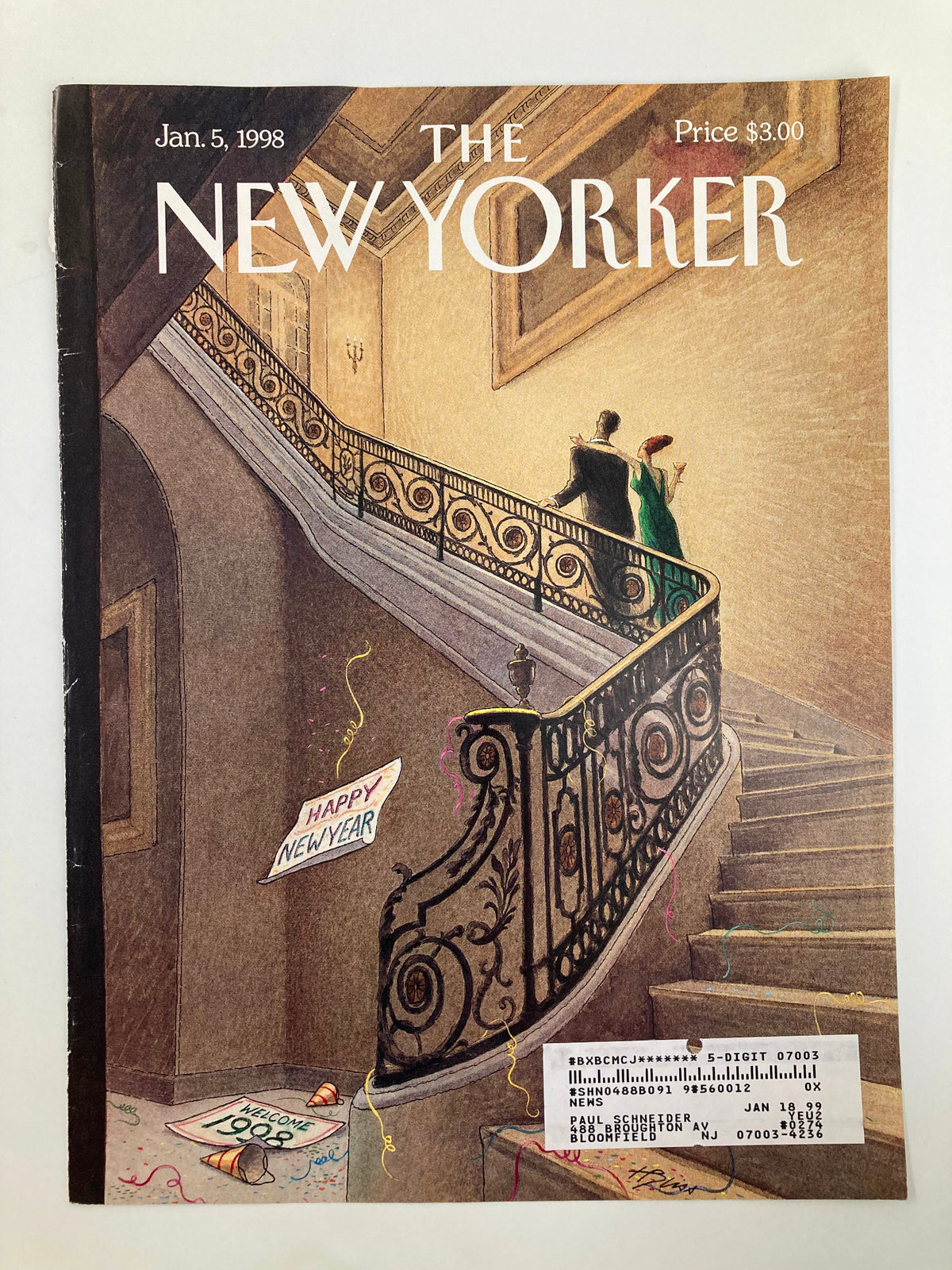 Alternative view of The New Yorker cover from January 5, 1998, titled 'The New Year' by Harry Bliss, depicting a charming staircase with a couple celebrating.