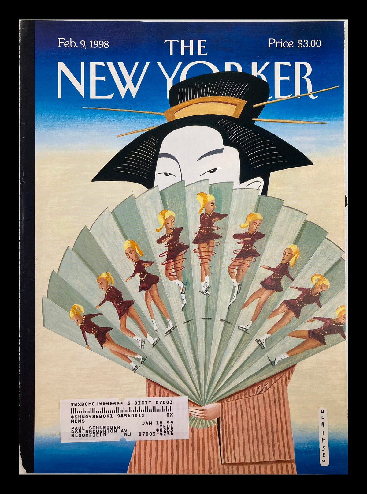 Cover of The New Yorker February 9, 1998 featuring 'Figure-Skating Fan' by Mark Ulriksen, showcasing an illustration of a woman holding a decorative fan with images of figure skaters.