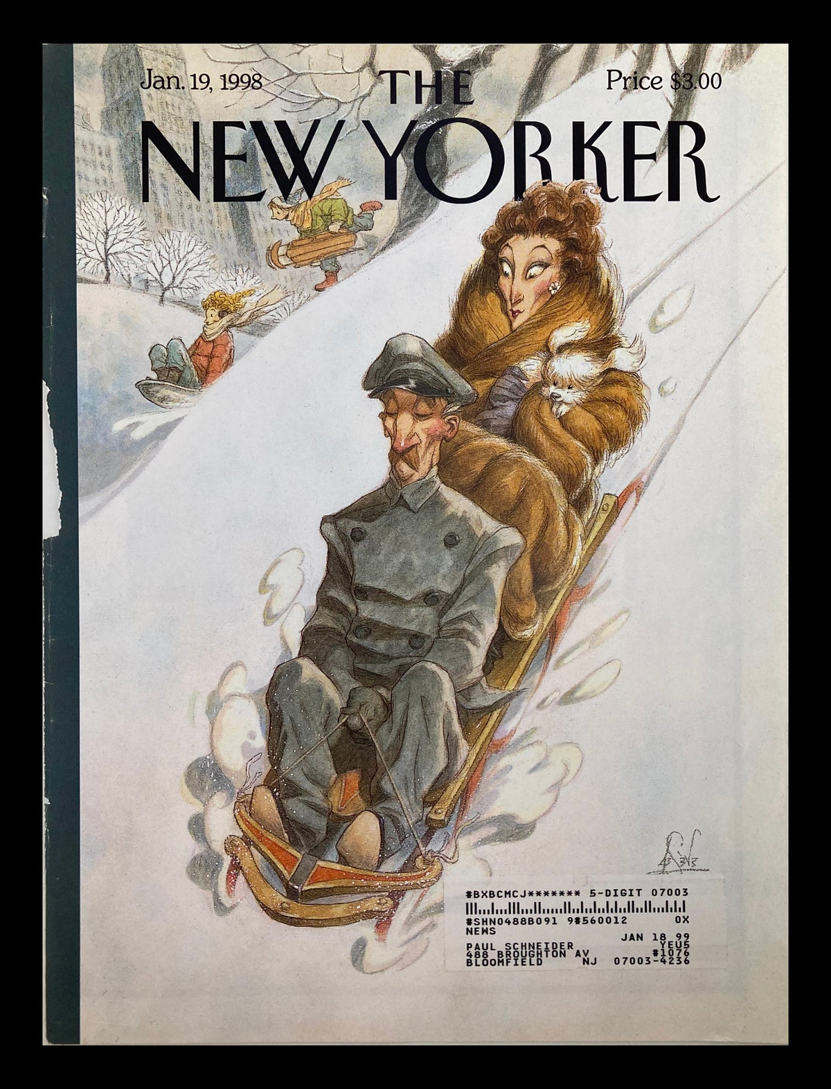 Cover of The New Yorker, January 19, 1998, titled 'Through the Park' by James Peter de Seve, featuring whimsical illustrations of a sledding scene in winter with characters amidst a snowy backdrop.