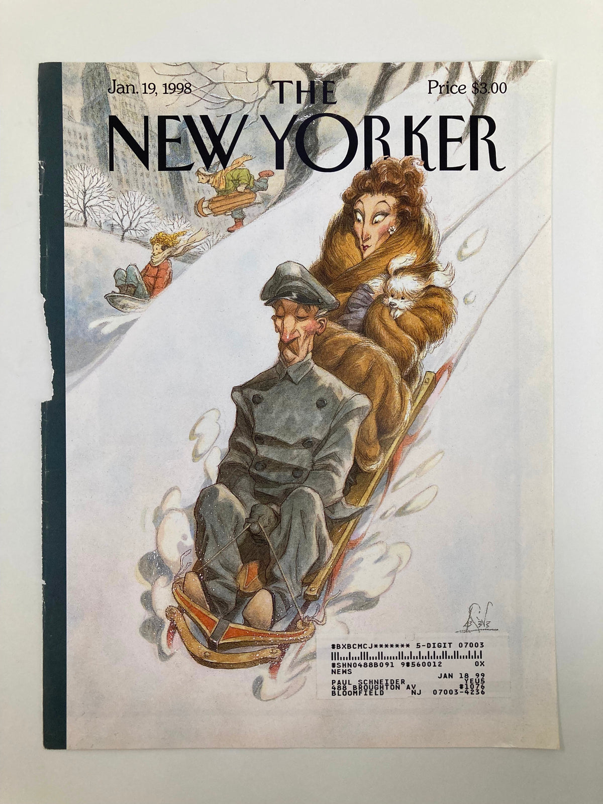 Cover of The New Yorker, January 19, 1998, titled 'Through the Park' by James Peter de Seve, showcasing a humorous scene of characters sledding in a winter landscape, capturing the charm of New York City.
