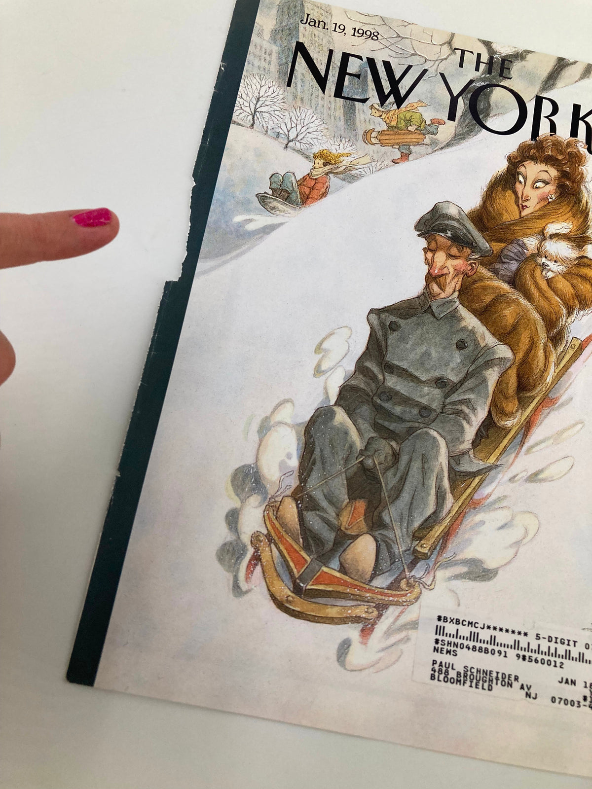 Cover of The New Yorker January 19, 1998, titled 'Through the Park' featuring whimsical illustrations by James Peter de Seve, depicting characters on a sled in a winter scene.