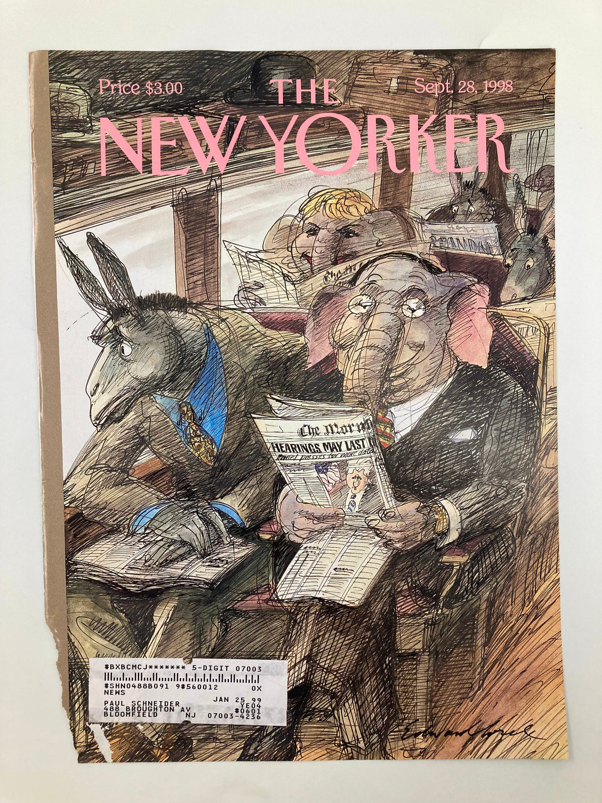 COVER ONLY The New Yorker September 28 1998 showcasing an artistic cover by E. Sorel, featuring anthropomorphic animals in a train, reflecting a satirical view on contemporary issues with vibrant colors and detailed illustrations.