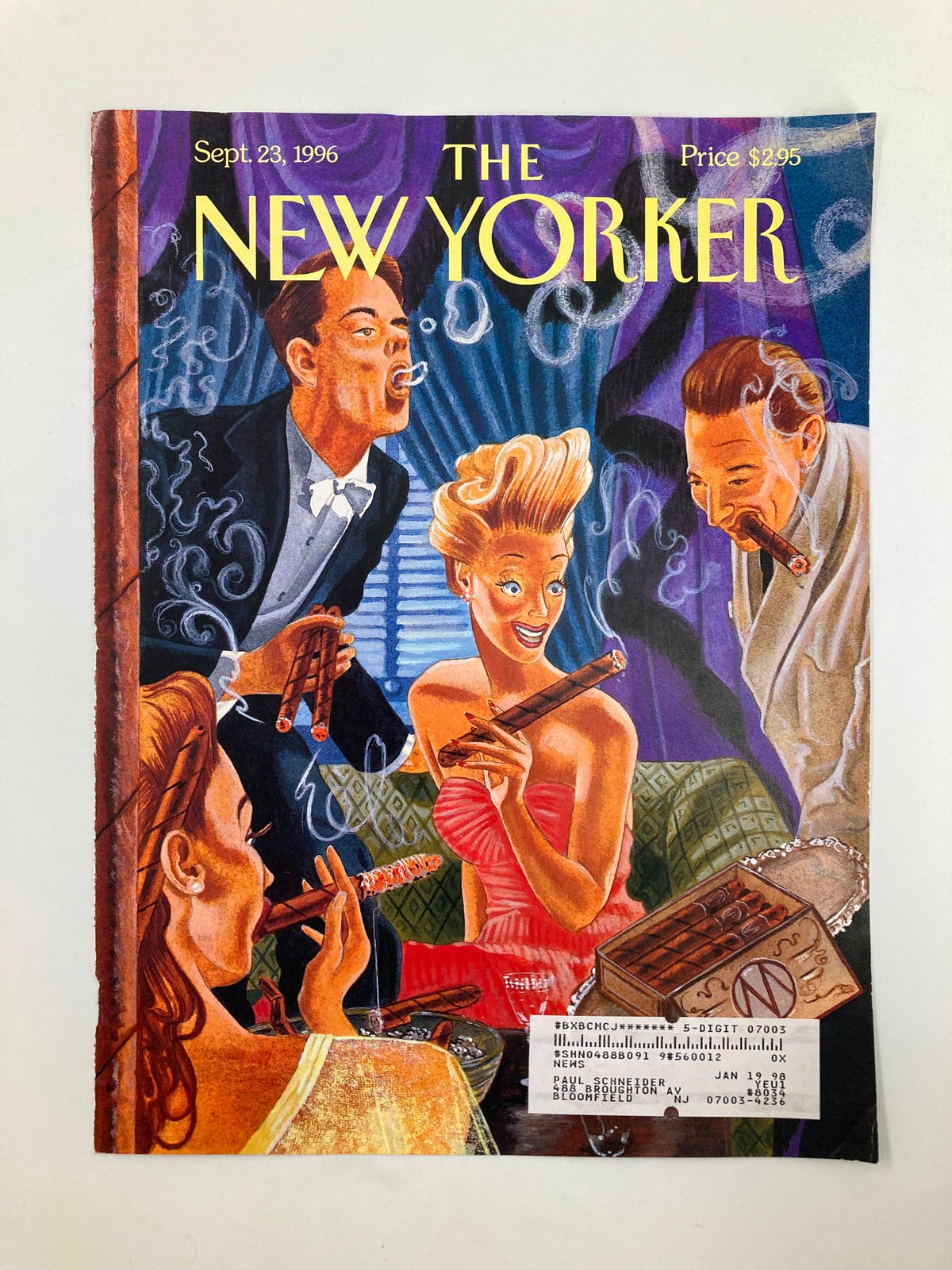 Close-up view of The New Yorker September 23 1996 cover art titled 'Social Lights' by M. Scott Miller, showcasing a lively scene with fashionable guests and playful smoke effects.