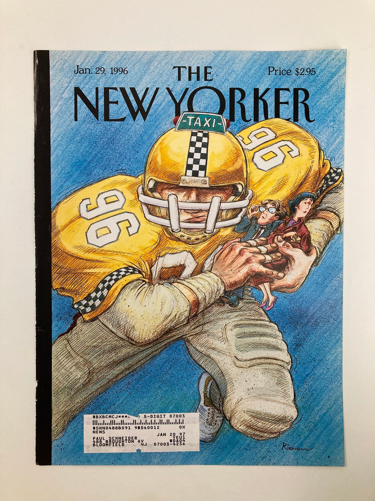 The New Yorker magazine cover from January 29, 1996, designed by George Riemann, showcasing a football player in a yellow taxi helmet, with vibrant colors emphasizing the iconic NYC taxi culture.