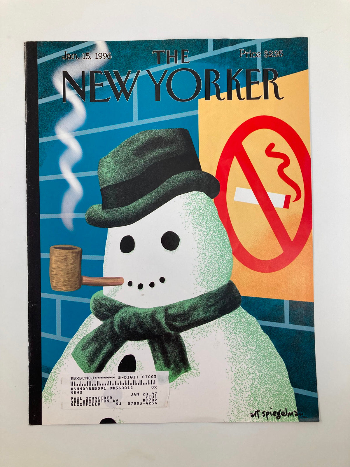 Cover of The New Yorker dated January 15, 1996, featuring an illustration of a snowman smoking a pipe, created by Art Spiegelman. The cover includes a prohibition sign against smoking in the background, highlighting themes of irony and tranquility.