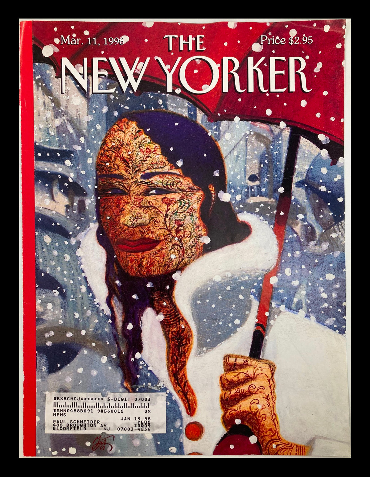 Cover of The New Yorker dated March 11, 1996, featuring the artwork titled 'Warm Front' by Lorenzo Mattotti, showcasing a figure under an umbrella in a snowy cityscape.