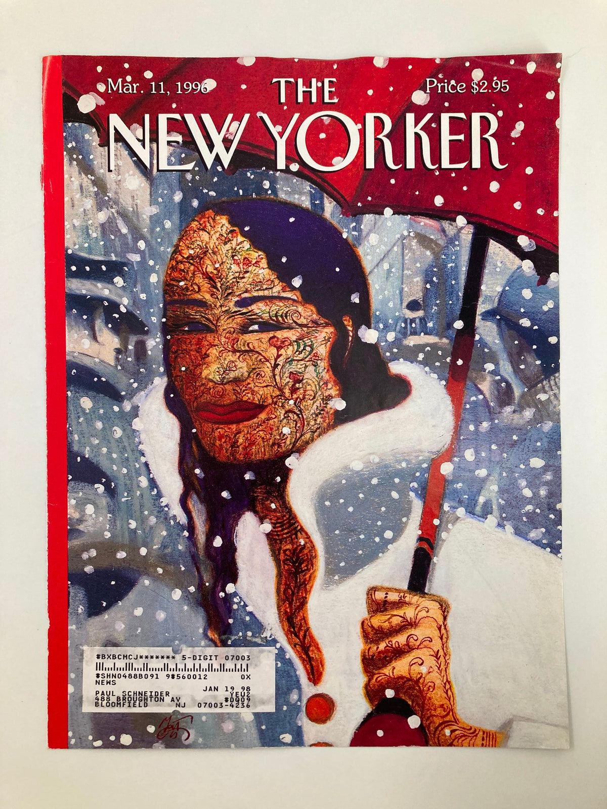 Cover of The New Yorker from March 11, 1996, titled 'Warm Front' by Lorenzo Mattotti, depicting a woman with intricate designs on her face, holding an umbrella in a snowy background.