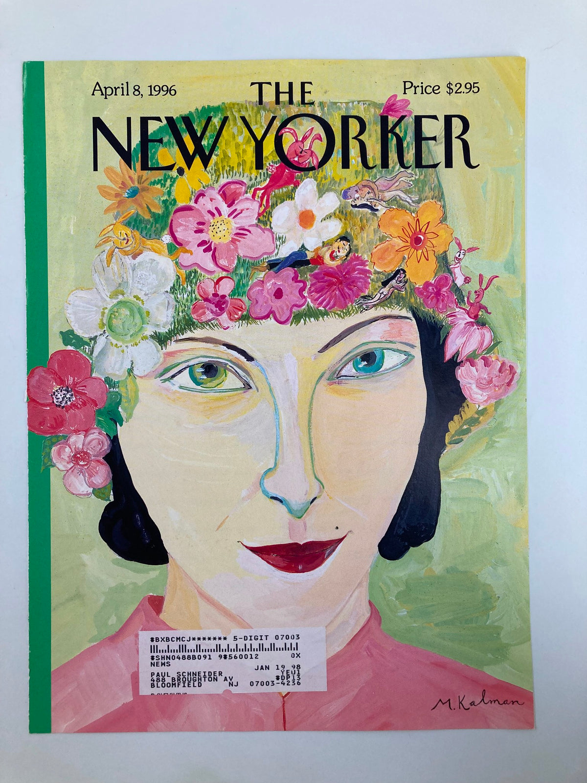 Cover Only The New Yorker April 8, 1996 titled 'Parade Best' by Maira Kalman showcasing colorful illustrations with flowers and a portrait of a woman.