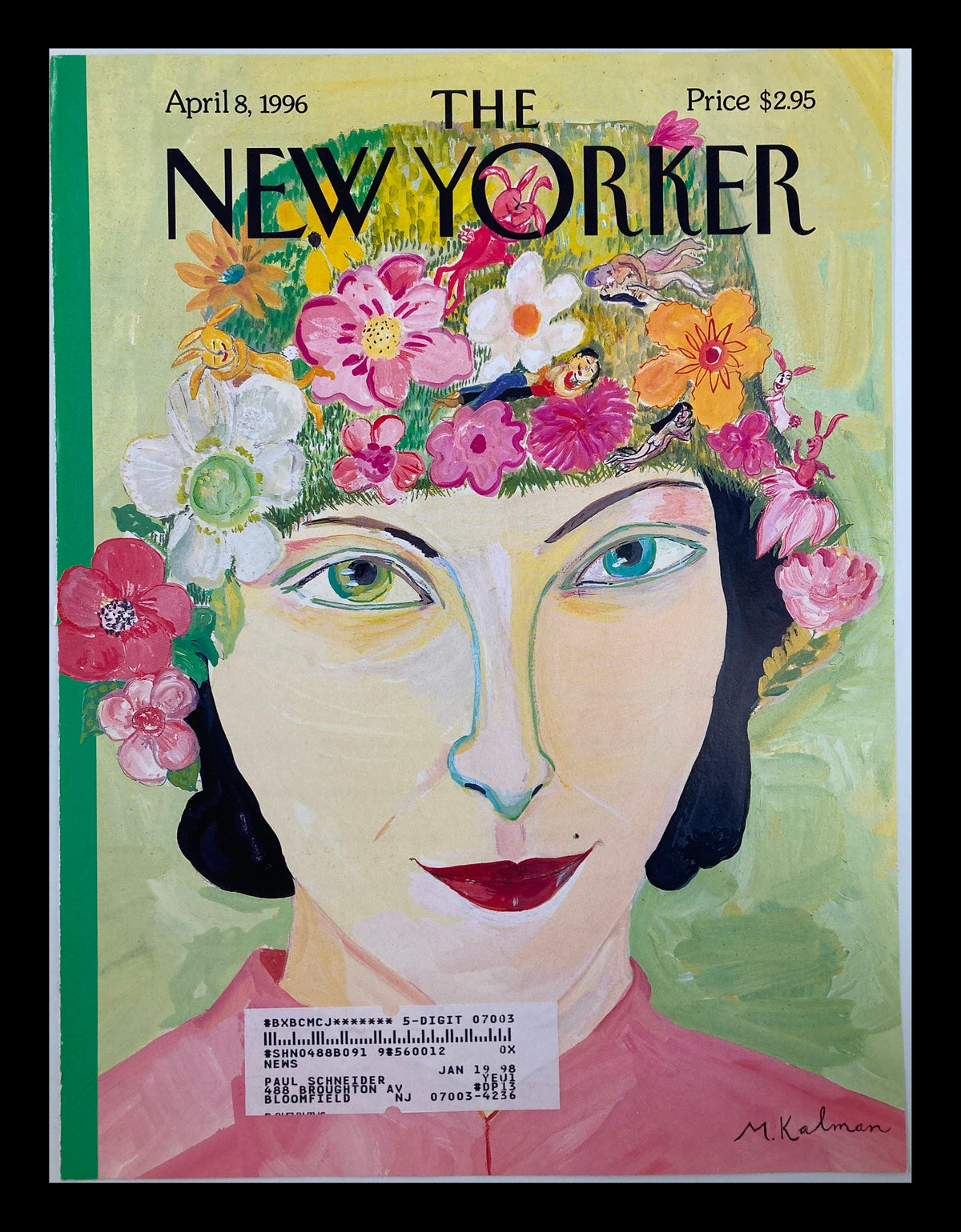 Cover Only The New Yorker April 8, 1996 titled 'Parade Best' by Maira Kalman featuring vibrant floral artwork and a woman's portrait.