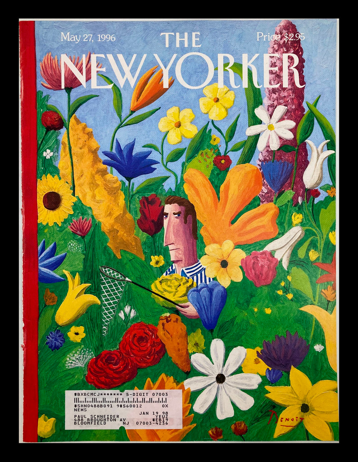 Cover of The New Yorker dated May 27, 1996 titled 'The Great Outdoors' illustrated by Benoit van Innis, featuring vibrant flowers and a character in a colorful landscape.