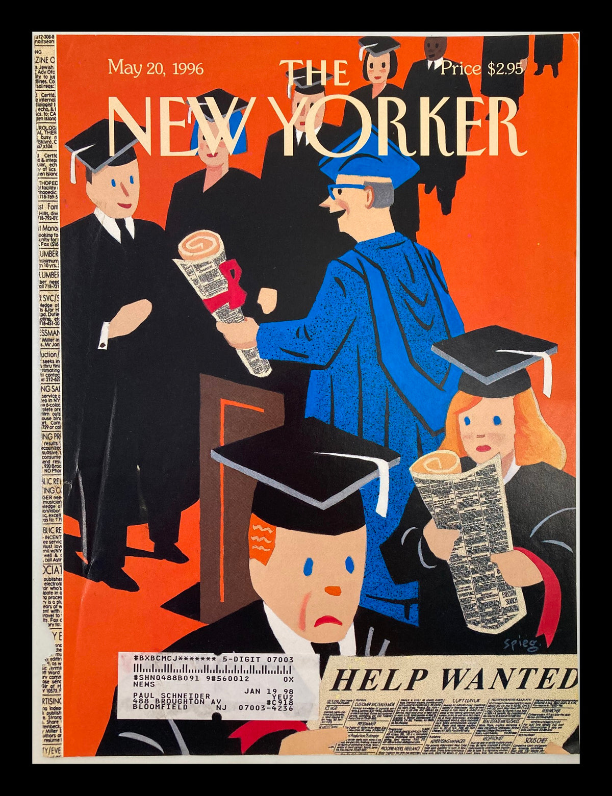 Cover of The New Yorker dated May 20, 1996, illustrated by Art Spiegelman, featuring a colorful graduation scene with graduates and a HELP WANTED sign.