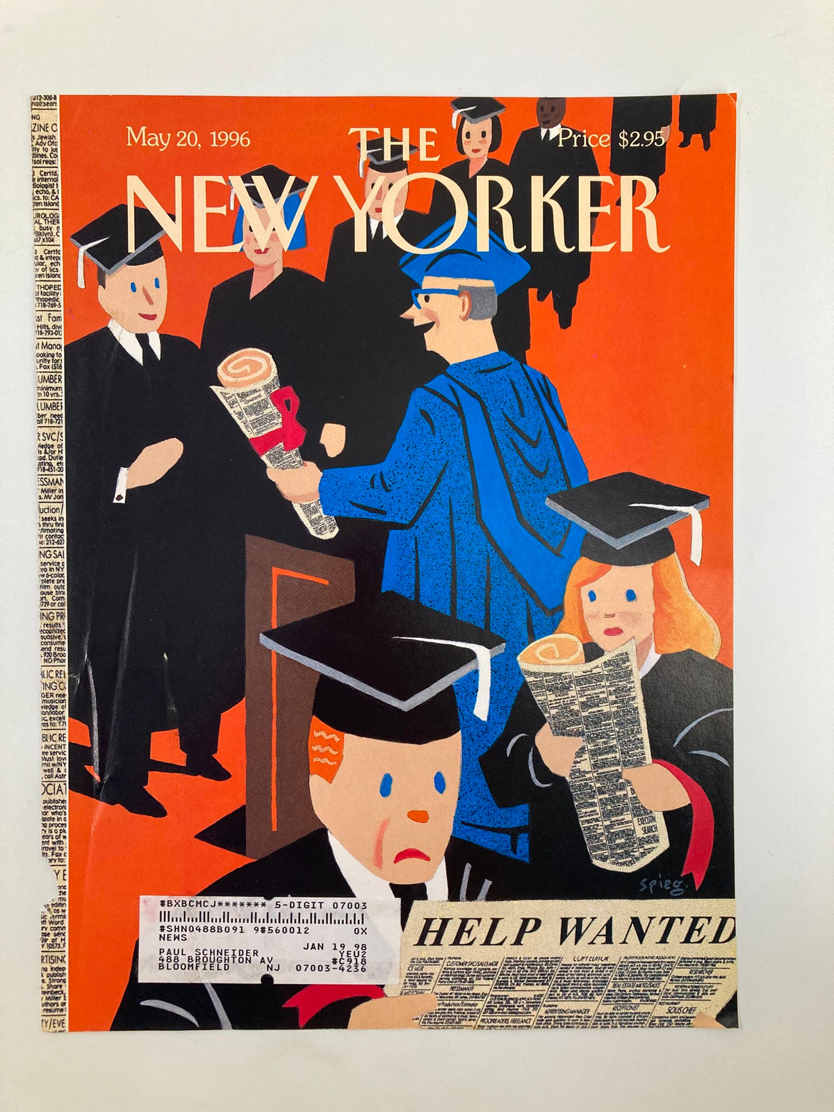 Cover of The New Yorker dated May 20, 1996, illustrated by Art Spiegelman, depicting a graduation ceremony with graduates and a HELP WANTED advertisement, showcasing vibrant artwork.