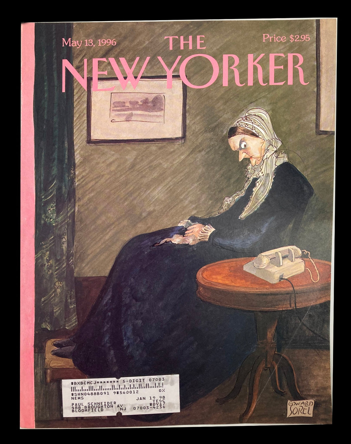 The New Yorker May 13 1996 cover featuring the illustration titled 'Waiting' by Edward Sorel, depicting a thoughtful woman seated in a room with vintage decor.
