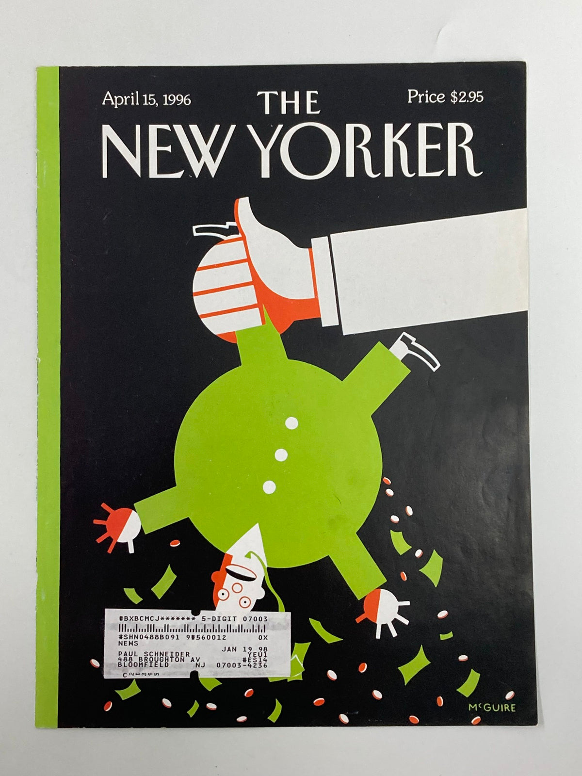 Cover of The New Yorker, April 15, 1996, depicting 'The Gigolo' by Robert McGuire with a colorful and whimsical illustration.