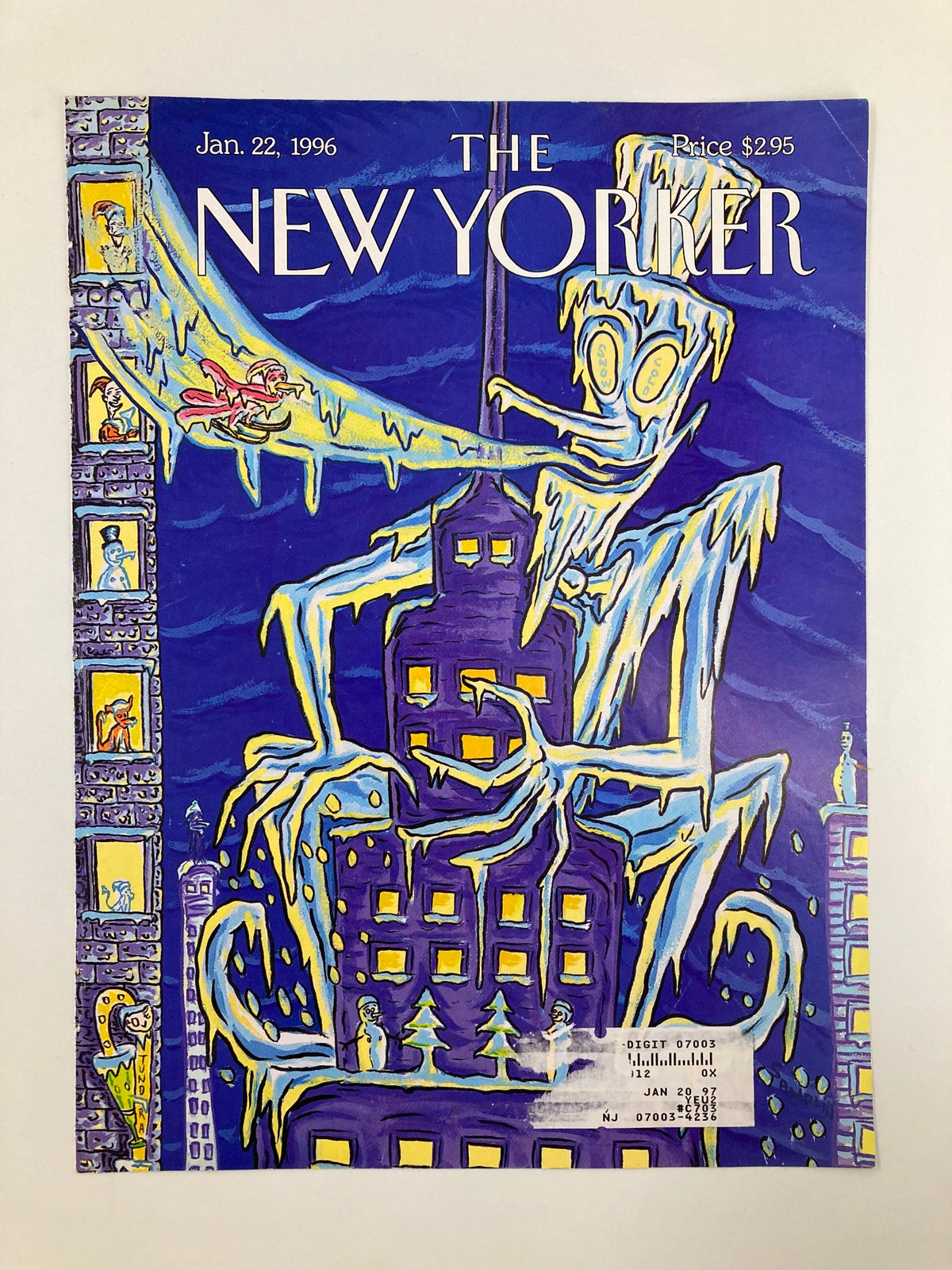 The New Yorker magazine cover dated January 22, 1996, showcasing 'Tales from The Tomb' by David Sandlin, with playful illustrations of a snowy city and a fantastical character, ideal for collectors and art enthusiasts.