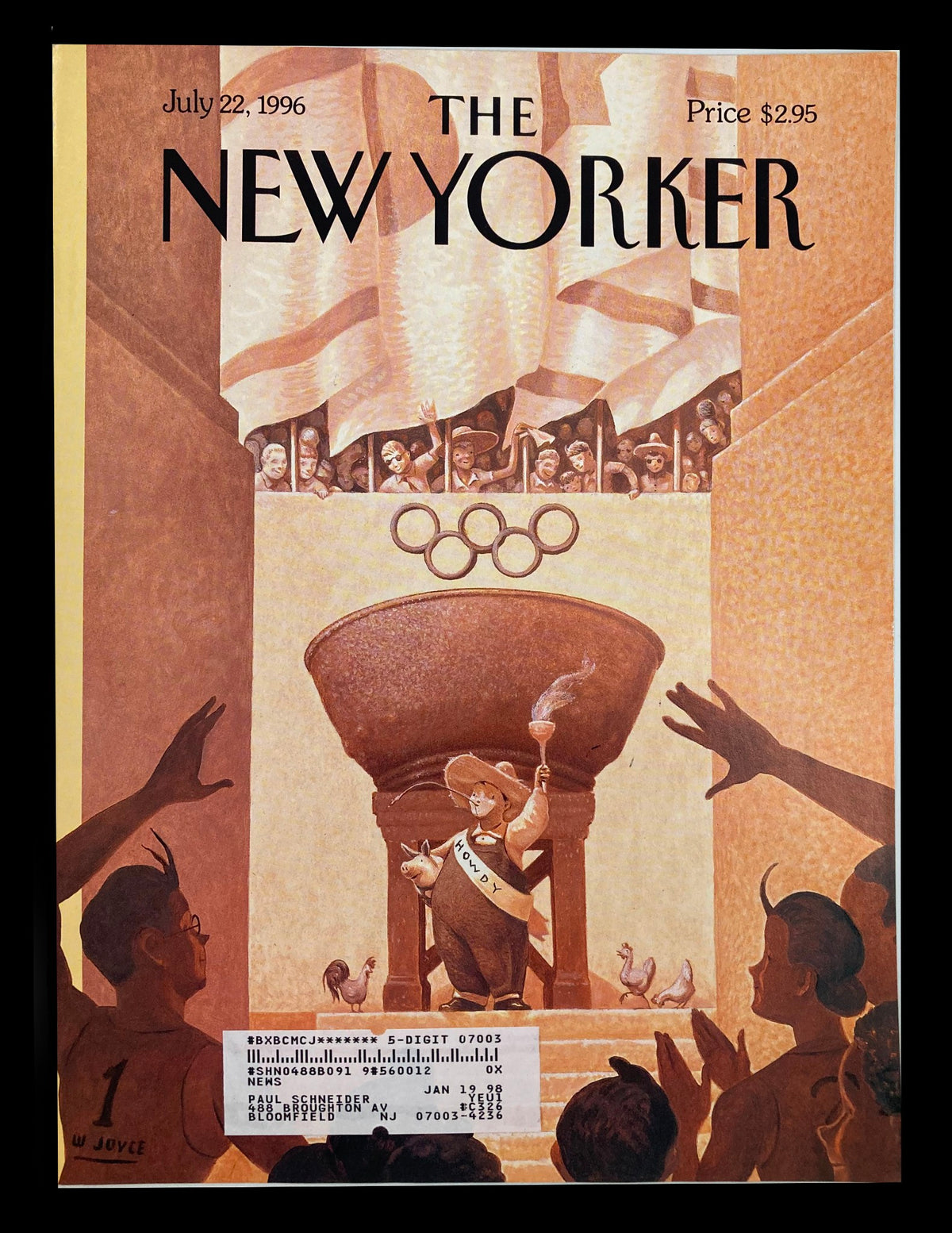 Cover art of The New Yorker, July 22, 1996, titled 'Too Busy City' by William Joyce, depicting a whimsical city scene with a character holding a torch and surrounded by enthusiastic spectators, celebrating urban culture.