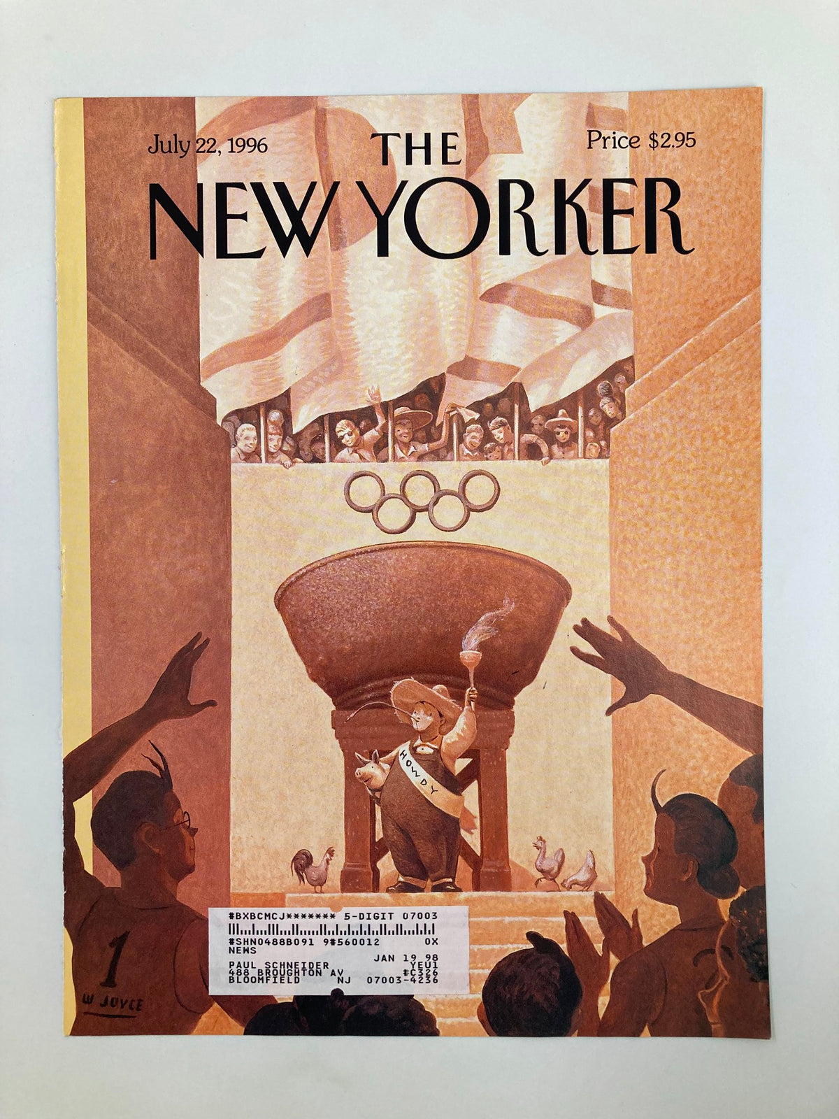 Cover of The New Yorker from July 22, 1996, featuring the illustration 'Too Busy City' by William Joyce, showcasing a lively urban atmosphere with a central figure and crowds, symbolizing the vibrancy of city life.