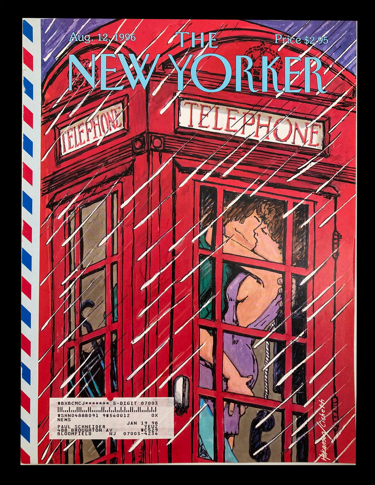 Cover of The New Yorker magazine from August 12, 1996, featuring the illustration 'Phone Booth Romance' by Hokanson Cichetti, depicting a couple in a phone booth amidst falling rain, showcasing vibrant colors and a nostalgic late 90s theme.