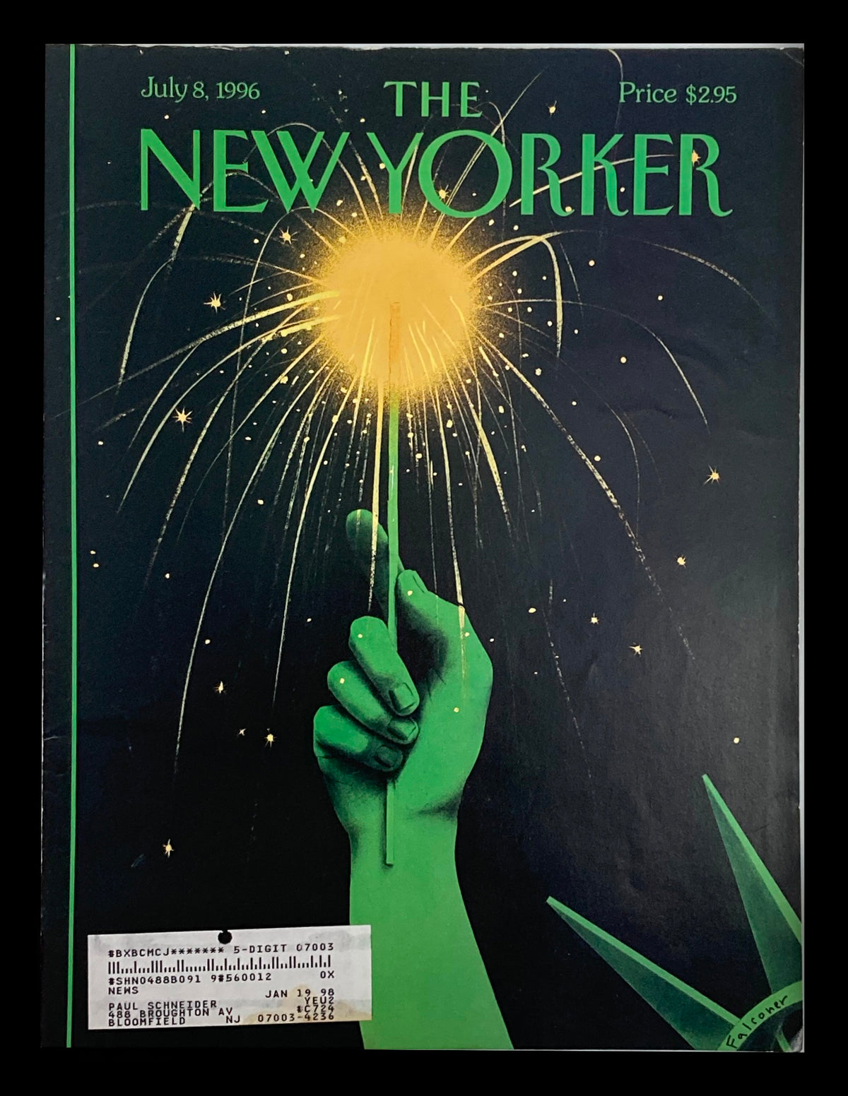 The New Yorker July 8 1996 cover titled 'Liberated' by Ian Falconer, featuring a hand holding a sparkler against a dark background with vibrant colors and stars.