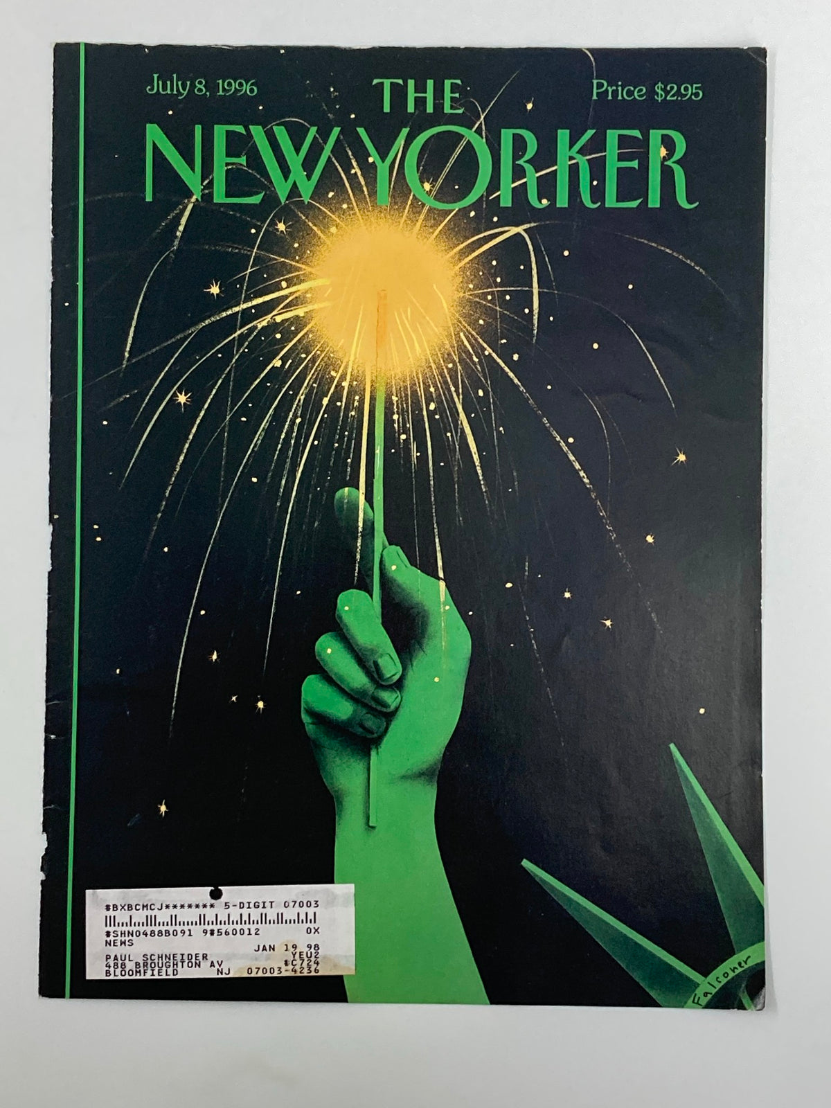 COVER ONLY The New Yorker July 8 1996 featuring the illustration 'Liberated' by Ian Falconer, showcasing a vibrant hand holding a sparkler against a dark background.