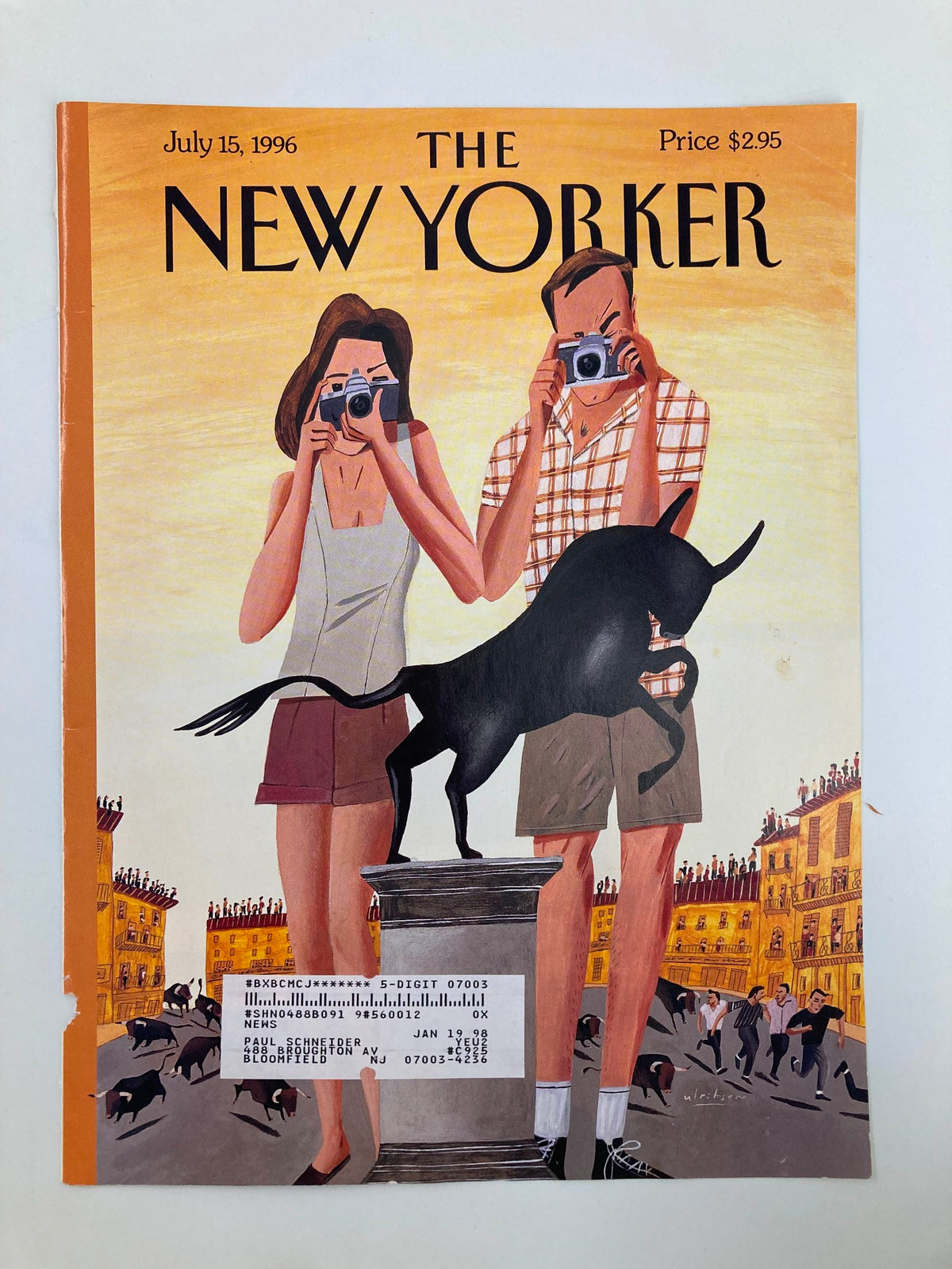 The New Yorker July 15 1996 Double Exposure cover illustration by Mark Ulriksen, depicting a woman and a man with cameras, with a dog on a pedestal, set against a colorful urban backdrop.