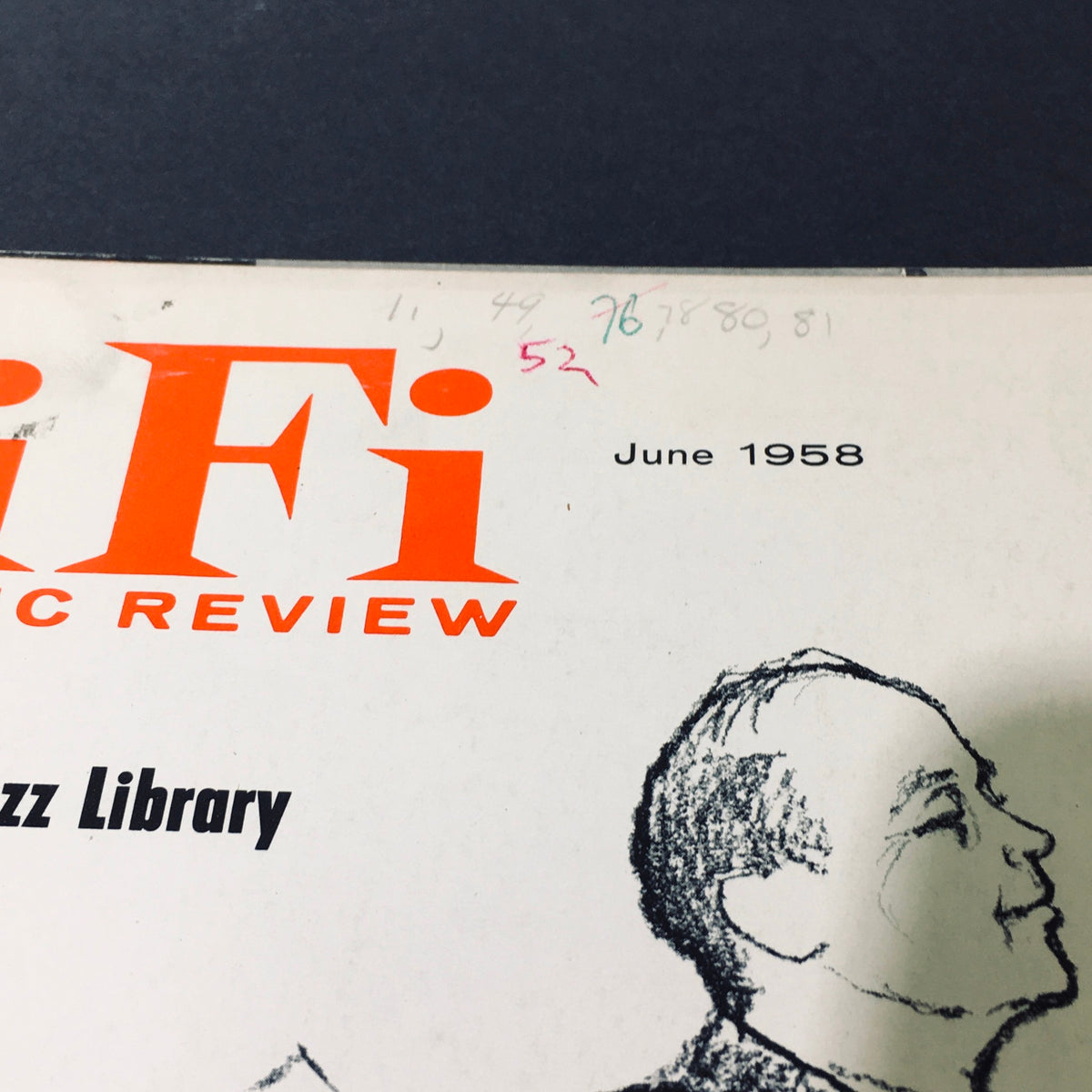 Close-up of the title and date on VTG HiFi & Music Review Magazine June 1958 with emphasis on jazz library.