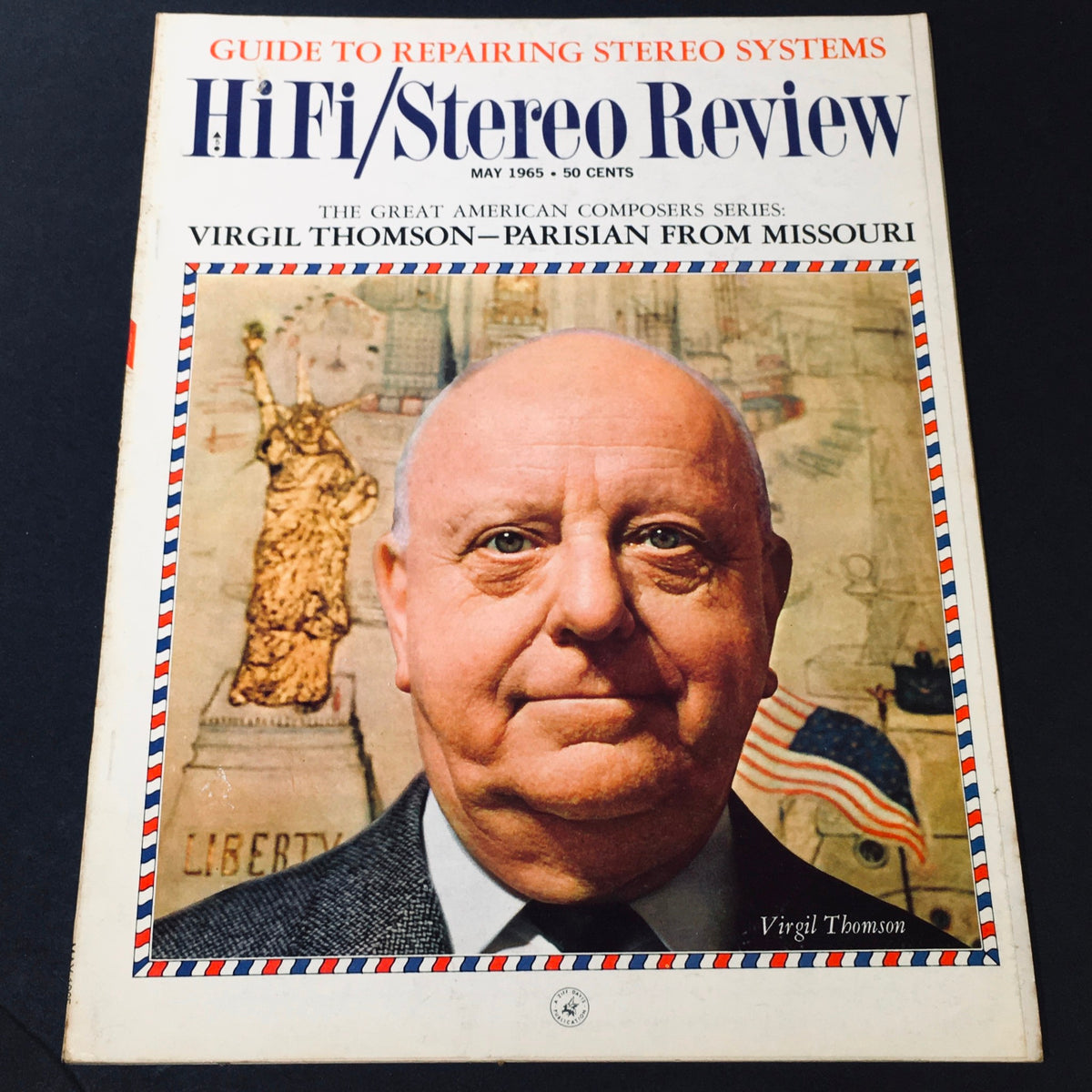 Cover of the VTG HiFi Stereo Review Magazine May 1965 featuring an article on composer Virgil Thomson, showcasing a close-up portrait and a background of iconic American symbols.