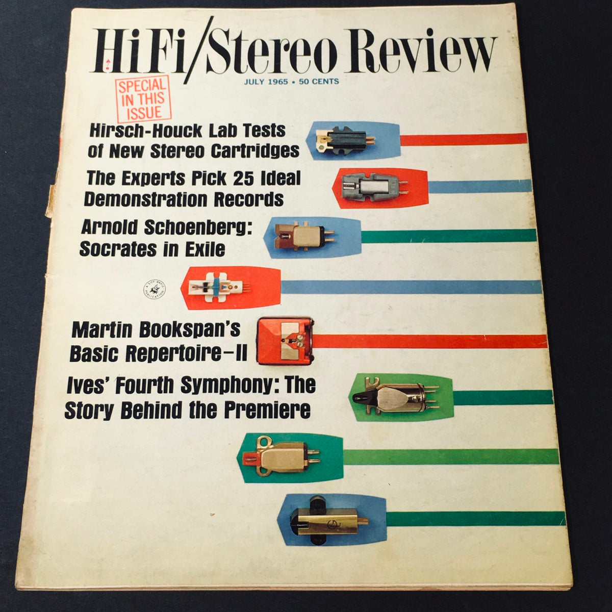 Cover of VTG HiFi Stereo Review Magazine July 1965 featuring articles on Arnold Schoenberg's Socrates in Exile and other music topics.