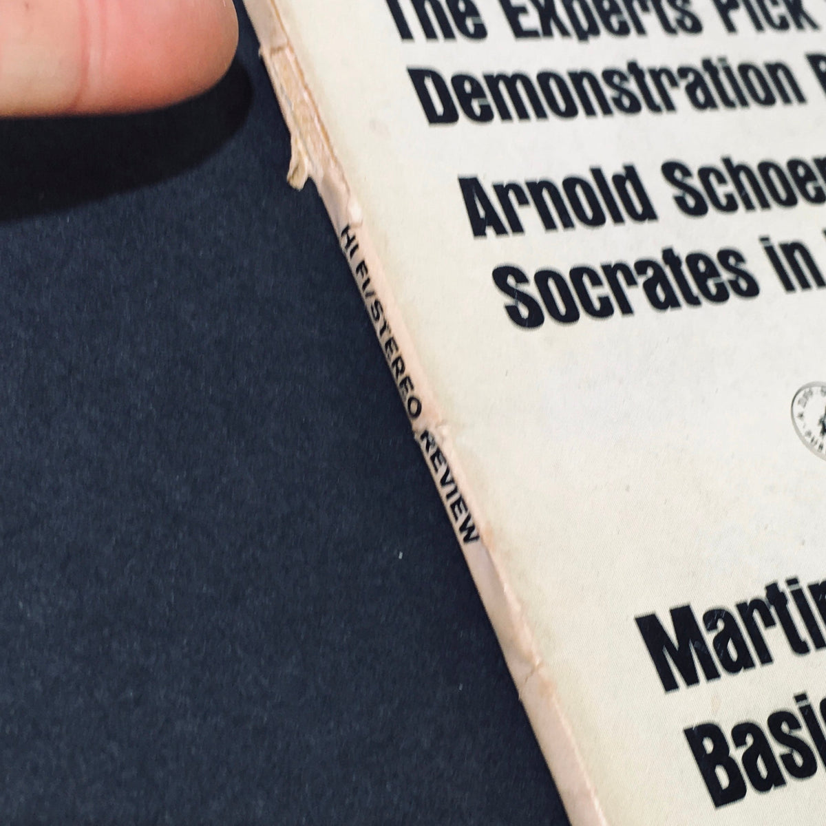 Side view of VTG HiFi Stereo Review Magazine July 1965 showing the spine and some wear, emphasizing its vintage condition.