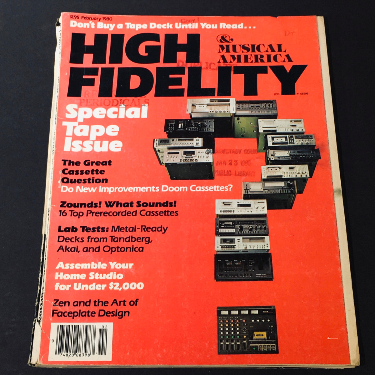 Cover of the High Fidelity Magazine February 1980 edition featuring the headline 'Zen and the Art of Faceplate Design'. The magazine showcases various tape decks, highlighting topics like cassette improvements and home studio assembly.