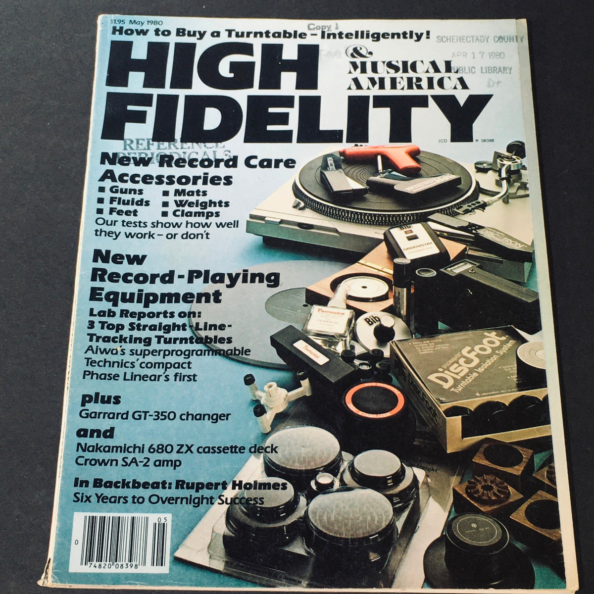 Cover of VTG High Fidelity Magazine May 1980 featuring Garrand GT-350 Changer and Crown SA-2 AMP, with various audio accessories and equipment highlighted.