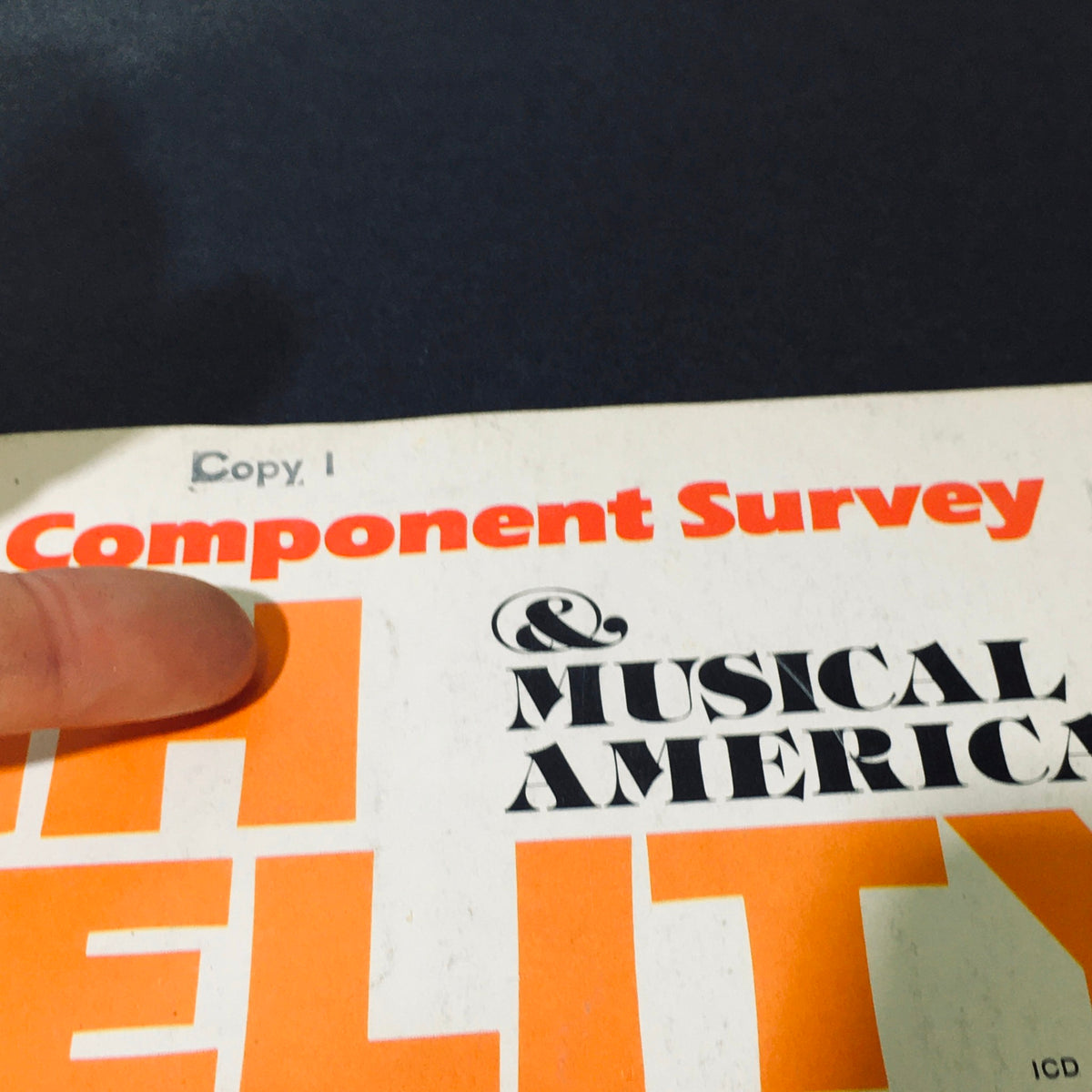 Detail of the High Fidelity Magazine April 1980 indicating 'Component Survey' with part of the magazine title visible.