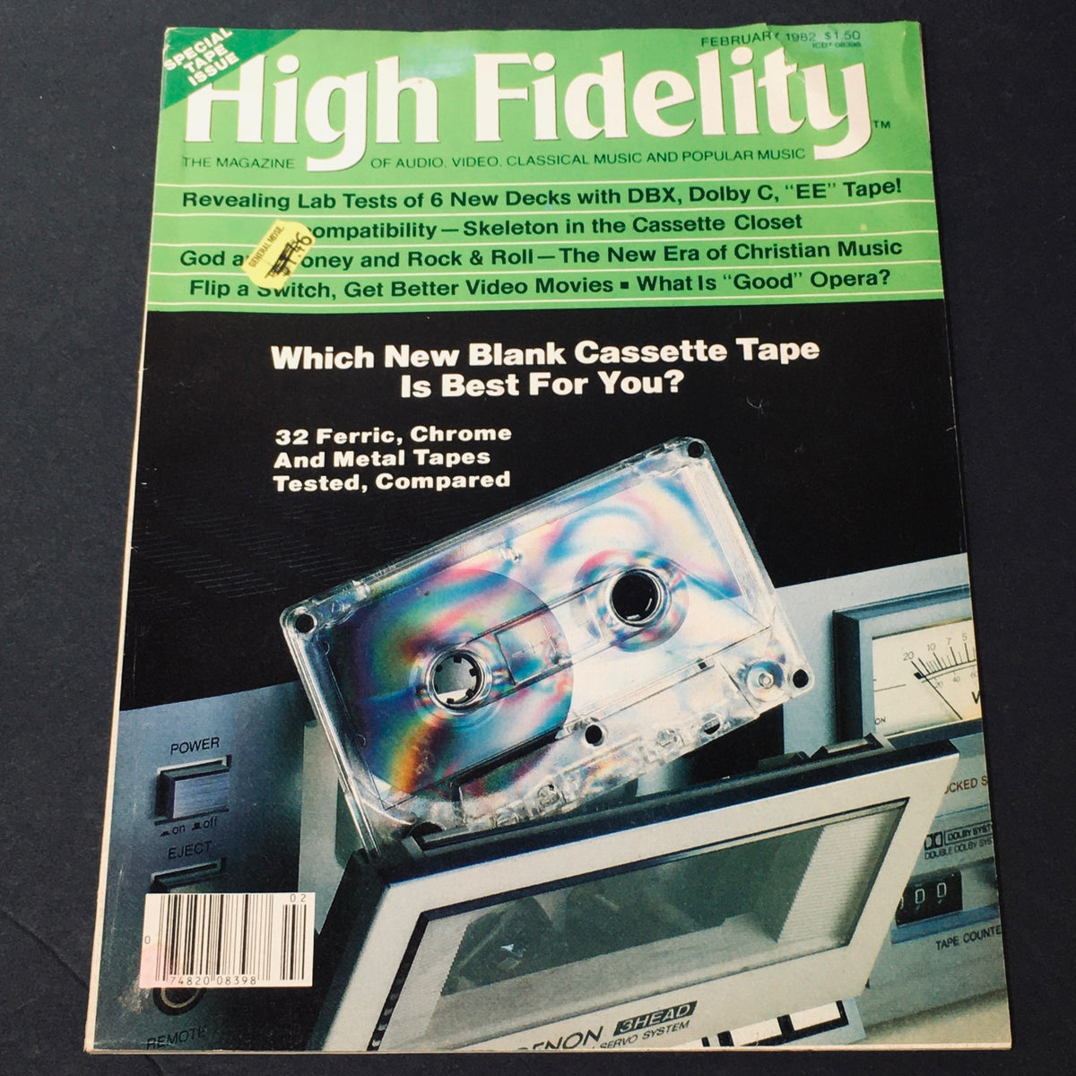Cover of High Fidelity Magazine February 1982 featuring the title and images of cassette tapes related to the new era of Christian music.