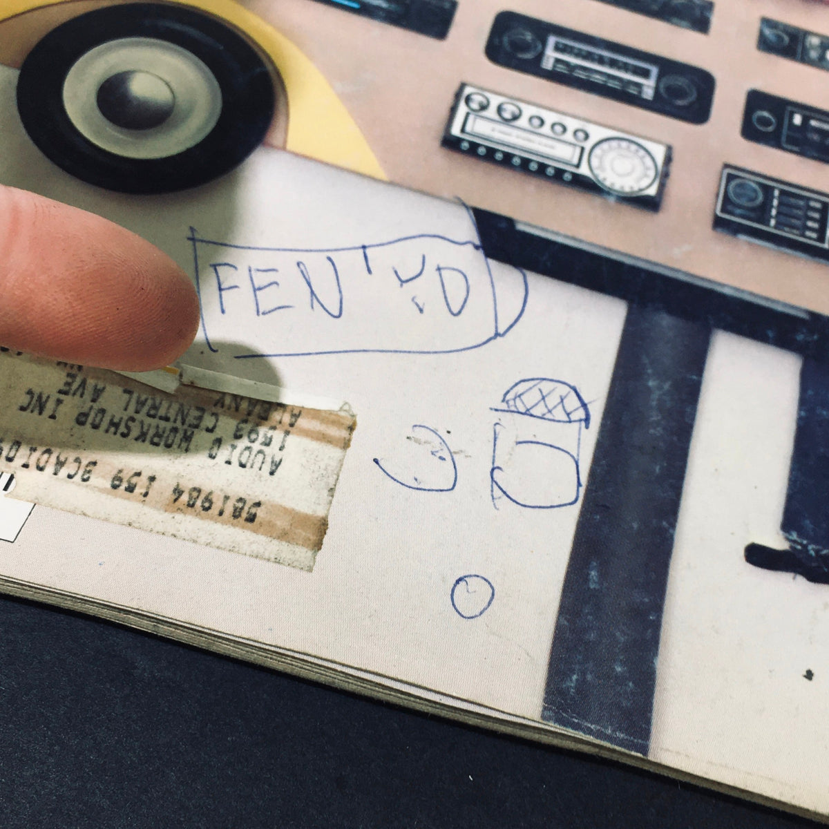 Detail of the VTG Stereo Review Magazine April 1977 showing handwritten notes and an address label on the front cover, highlighting the vintage nature of this collectible issue.
