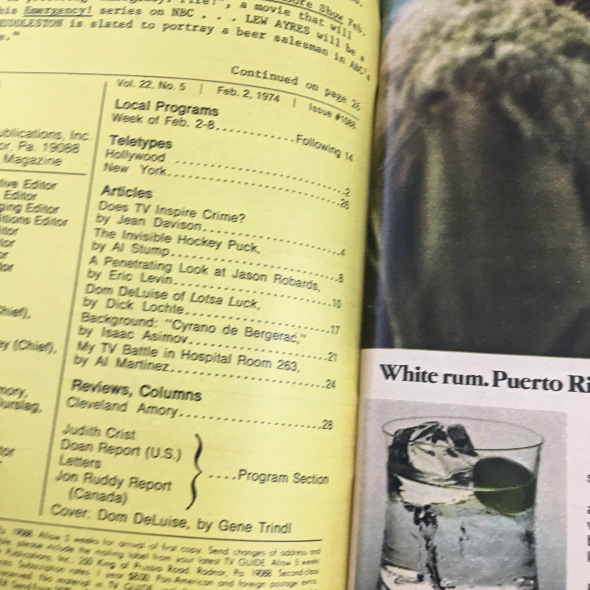 Interior page of TV Guide Magazine February 2 1974 featuring articles and local program listings, highlighting the comedic piece on Dom DeLuise of 'Lotsa Luck'.